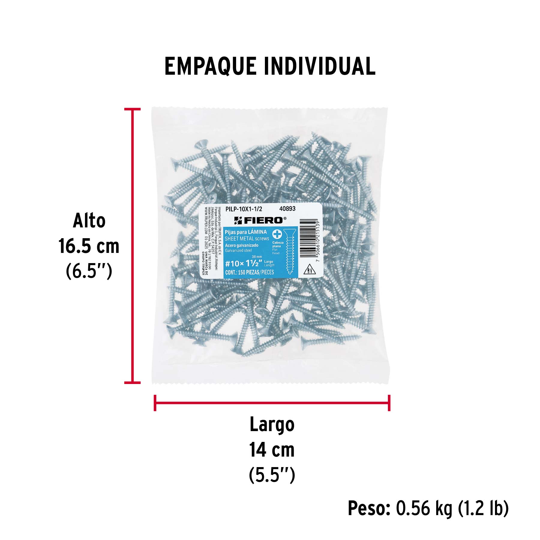 Bolsa 150 pijas para lámina cabeza plana #10 x 1-1/2", FIERO - Empaque