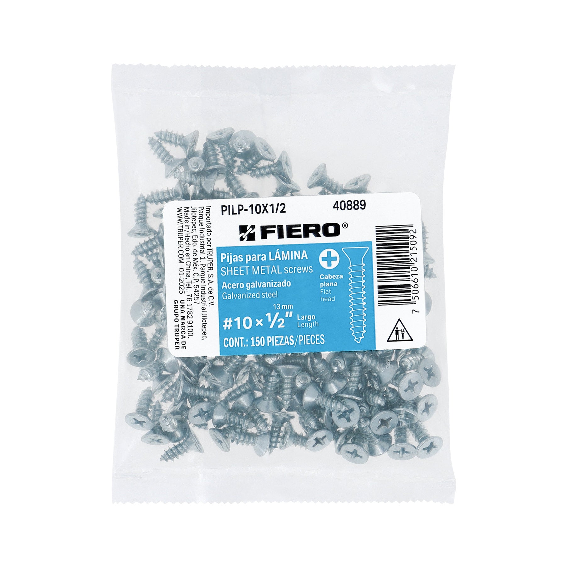 Bolsa 150 pijas para lámina cabeza plana #10 x 1/2", FIERO