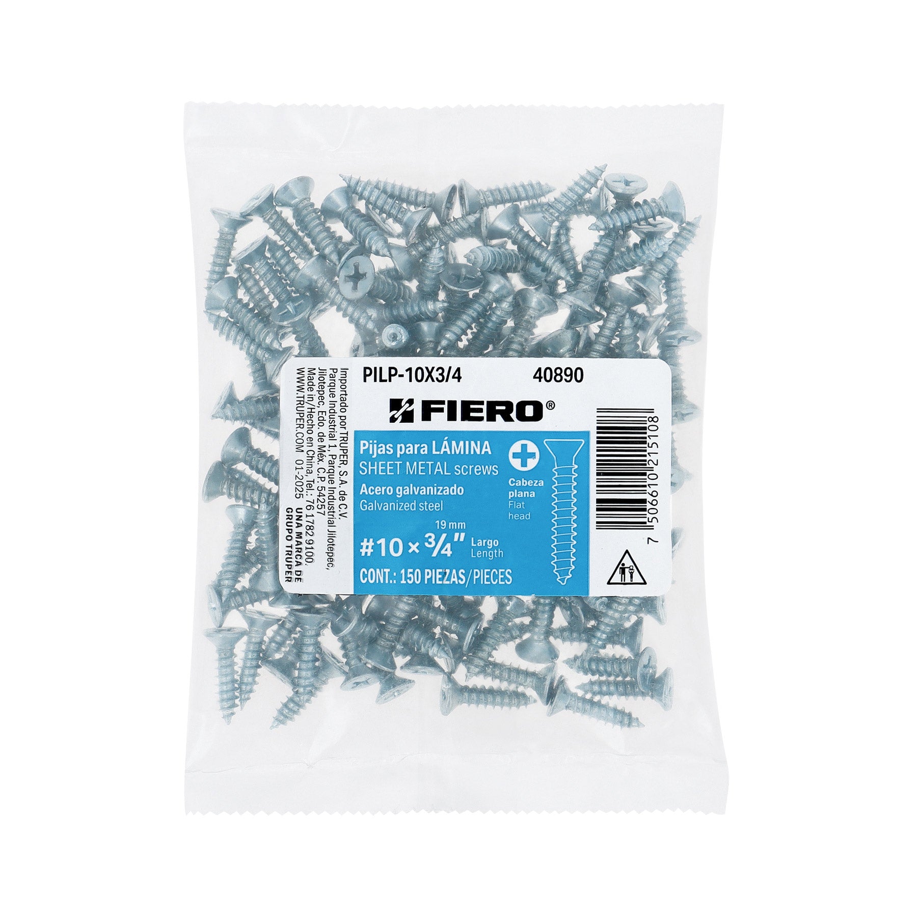 Bolsa 150 pijas para lámina cabeza plana #10 x 3/4", FIERO