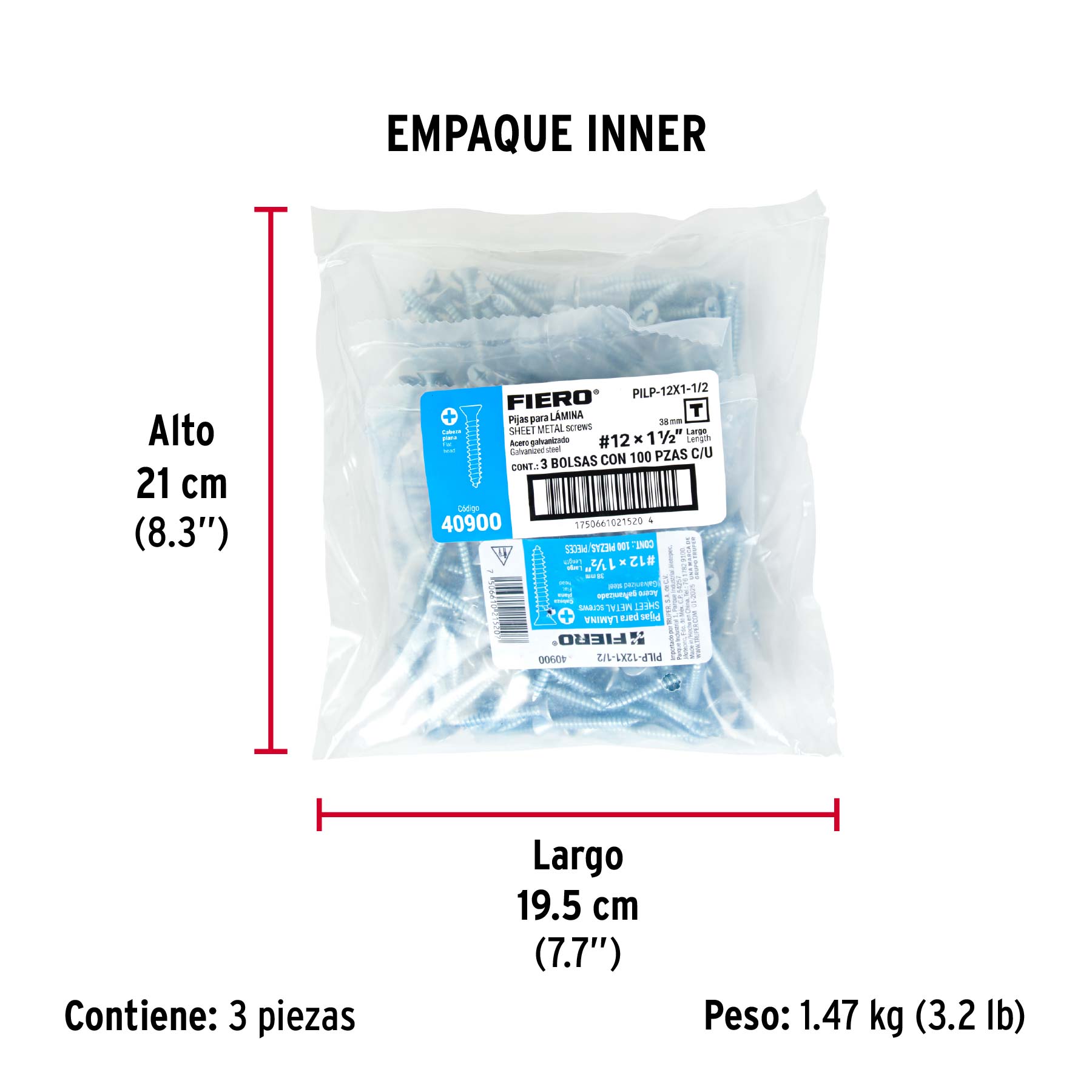 Bolsa 100 pijas para lámina cabeza plana #12 x 1-1/2", FIERO - Empaque