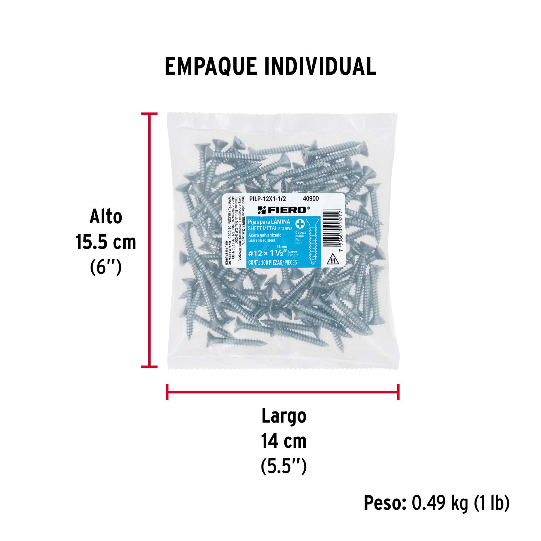 Bolsa 100 pijas para lámina cabeza plana #12 x 1-1/2", FIERO - Empaque