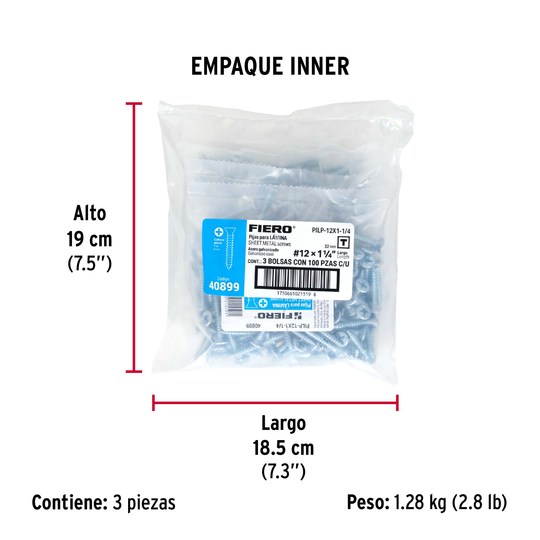 Bolsa 100 pijas para lámina cabeza plana #12 x 1-1/4", FIERO - Empaque