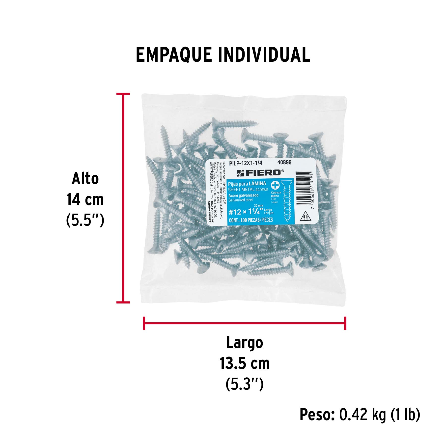 Bolsa 100 pijas para lámina cabeza plana #12 x 1-1/4", FIERO - Empaque