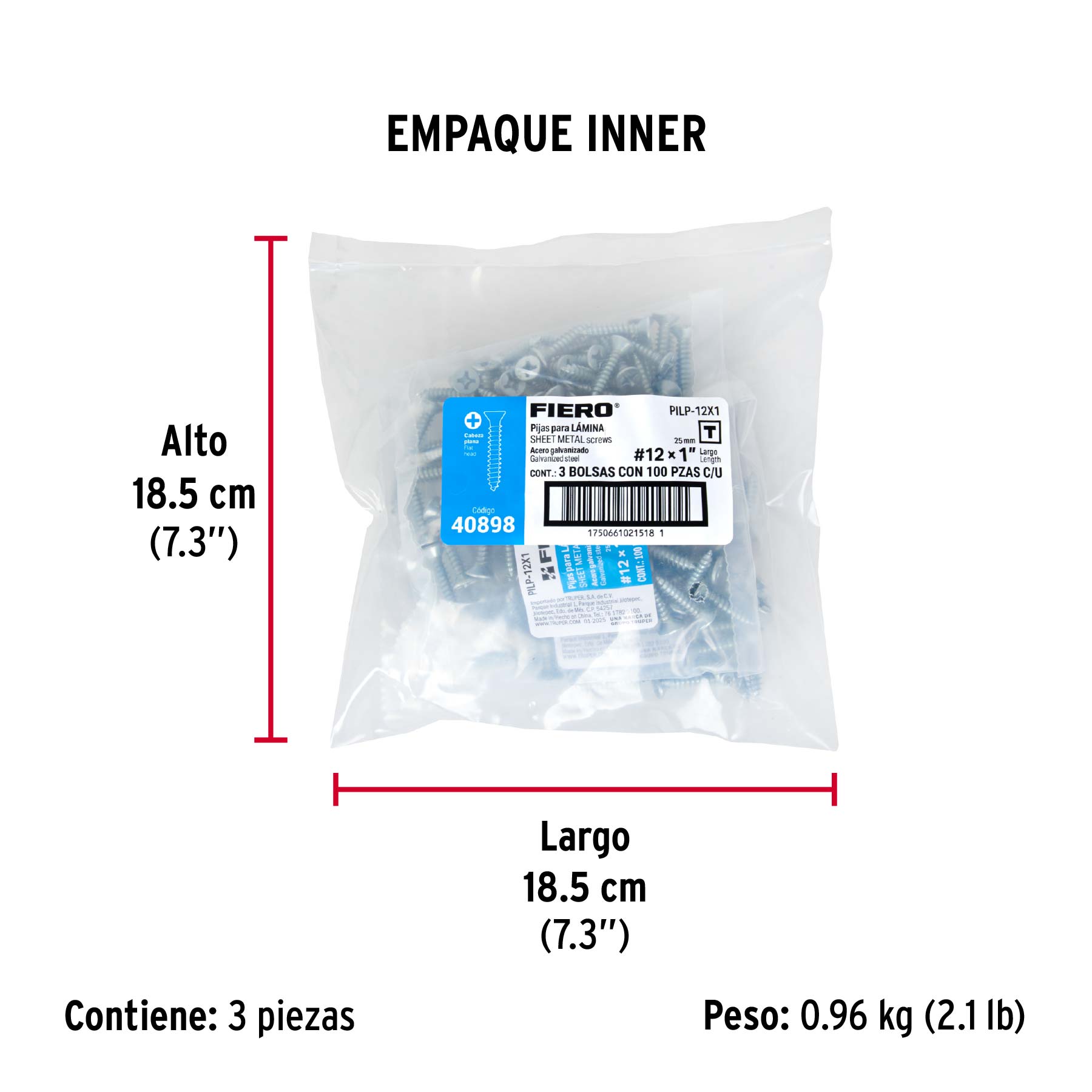 Bolsa 100 pijas para lámina cabeza plana #12 x 1", FIERO - Empaque