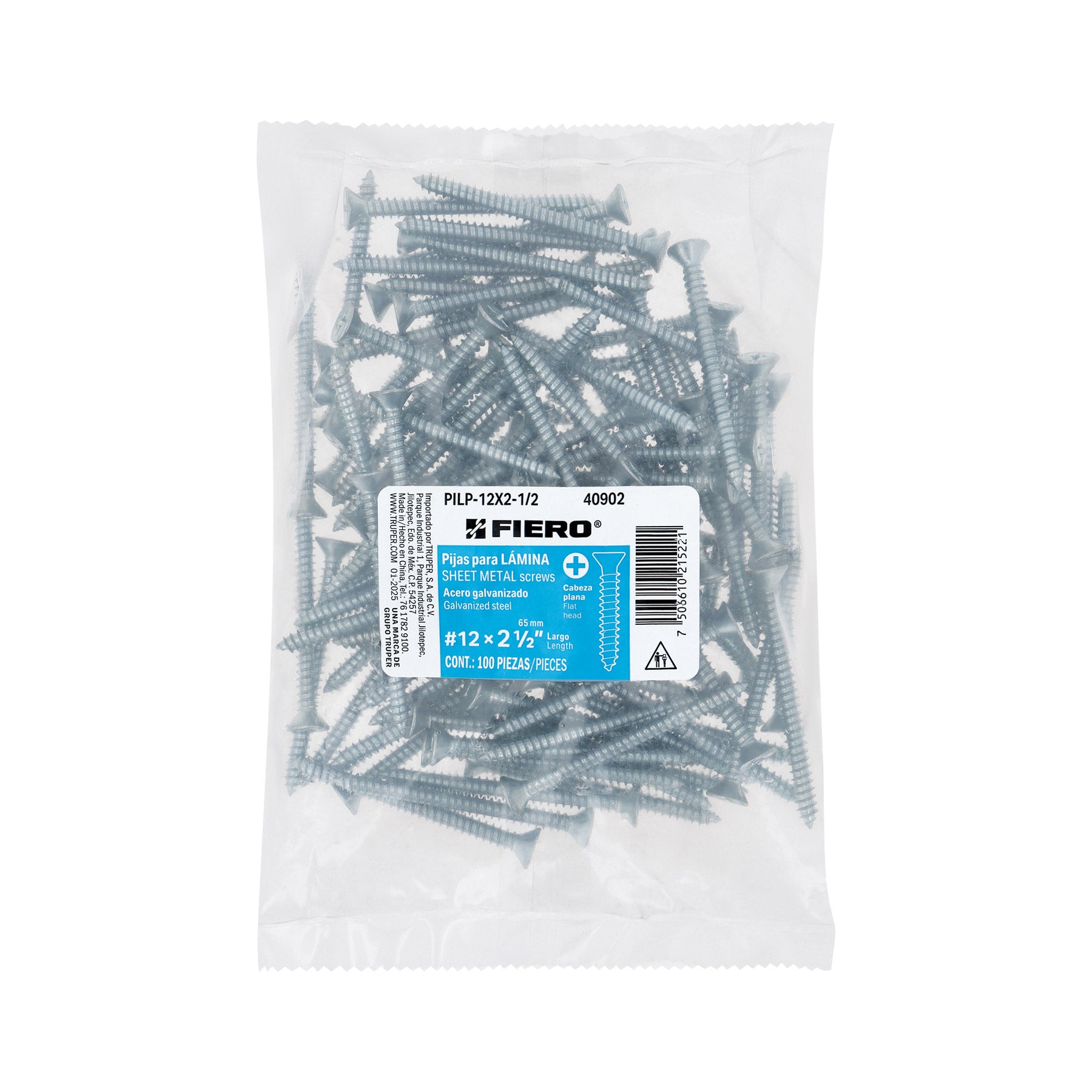 Bolsa 100 pijas para lámina cabeza plana #12 x 2-1/2", FIERO