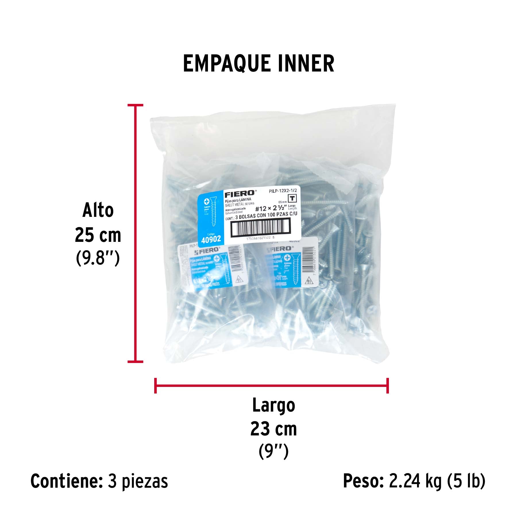 Bolsa 100 pijas para lámina cabeza plana #12 x 2-1/2", FIERO - Empaque