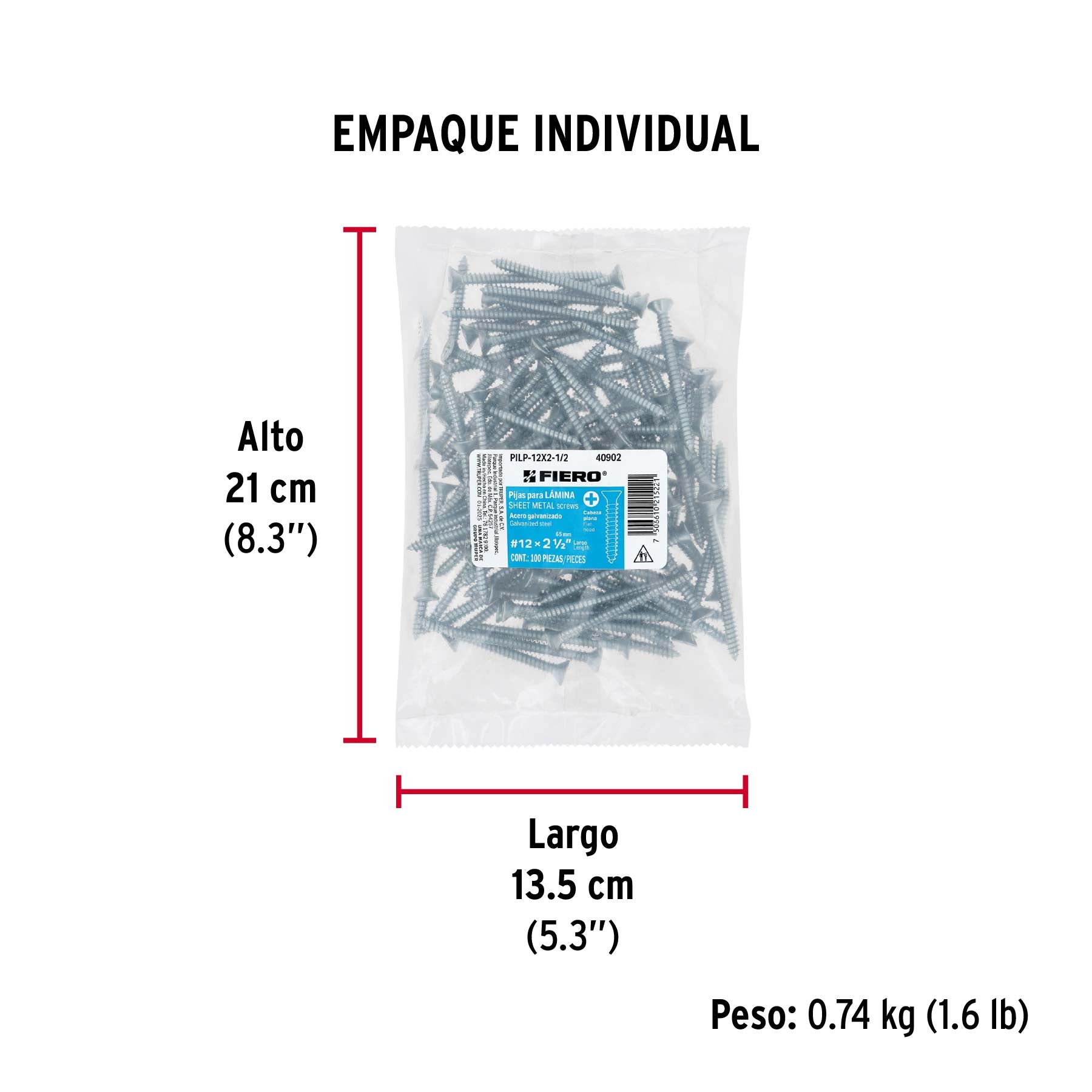 Bolsa 100 pijas para lámina cabeza plana #12 x 2-1/2", FIERO - Empaque