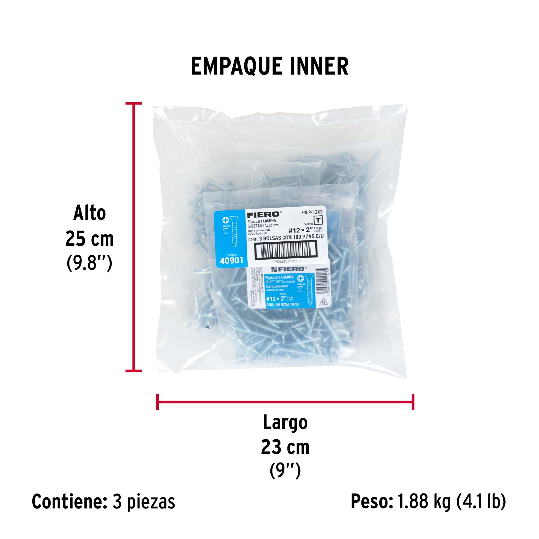 Bolsa 100 pijas para lámina cabeza plana #12 x 2", FIERO - Empaque