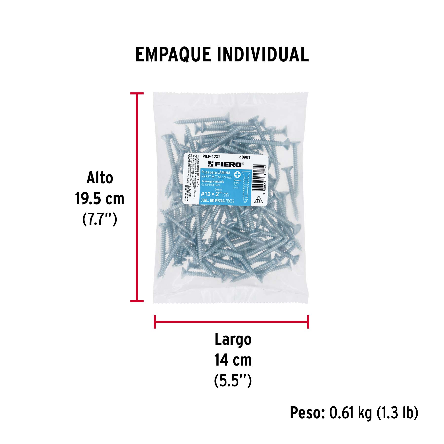 Bolsa 100 pijas para lámina cabeza plana #12 x 2", FIERO - Empaque