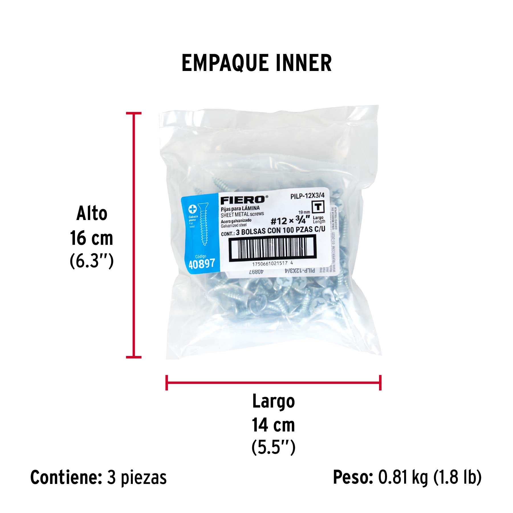Bolsa 100 pijas para lámina cabeza plana #12 x 3/4", FIERO - Empaque