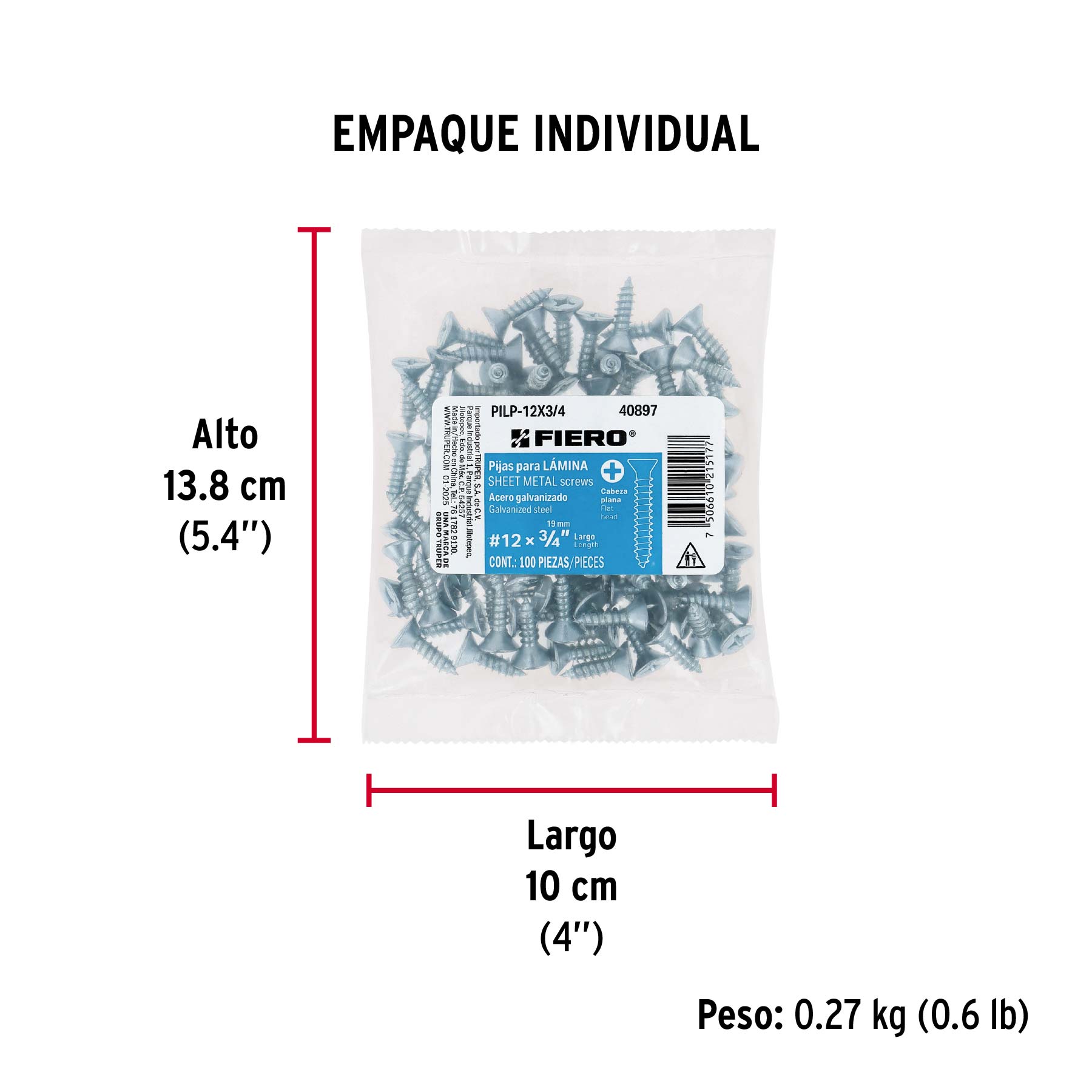 Bolsa 100 pijas para lámina cabeza plana #12 x 3/4", FIERO - Empaque