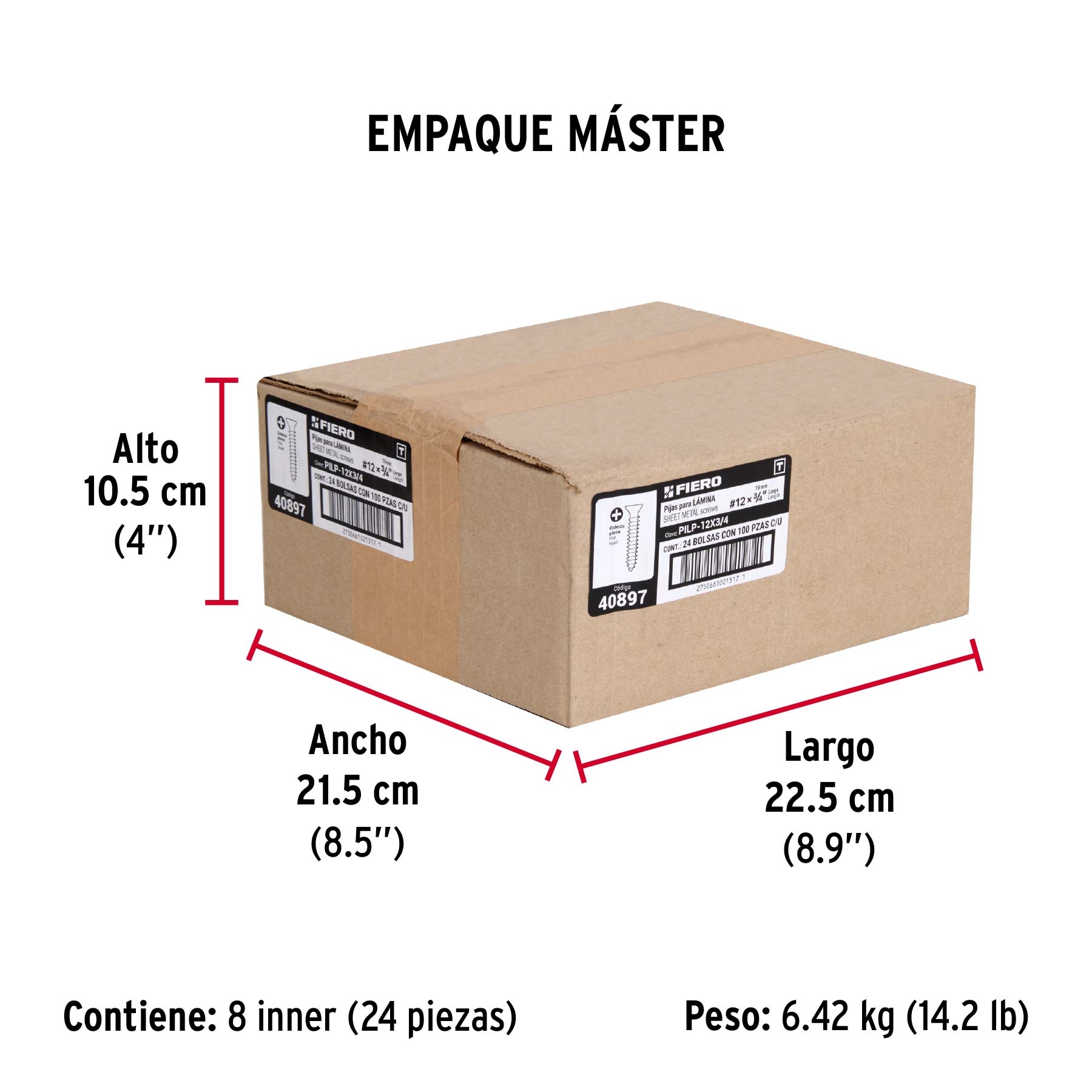 Bolsa 100 pijas para lámina cabeza plana #12 x 3/4", FIERO - Empaque