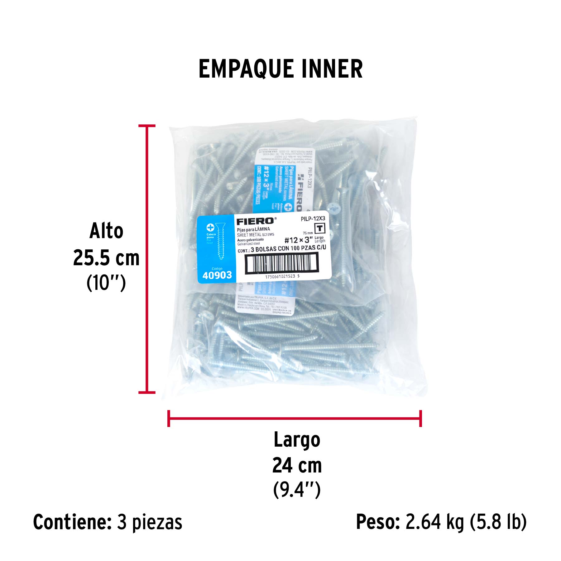 Bolsa 100 pijas para lámina cabeza plana #12 x 3", FIERO - Empaque