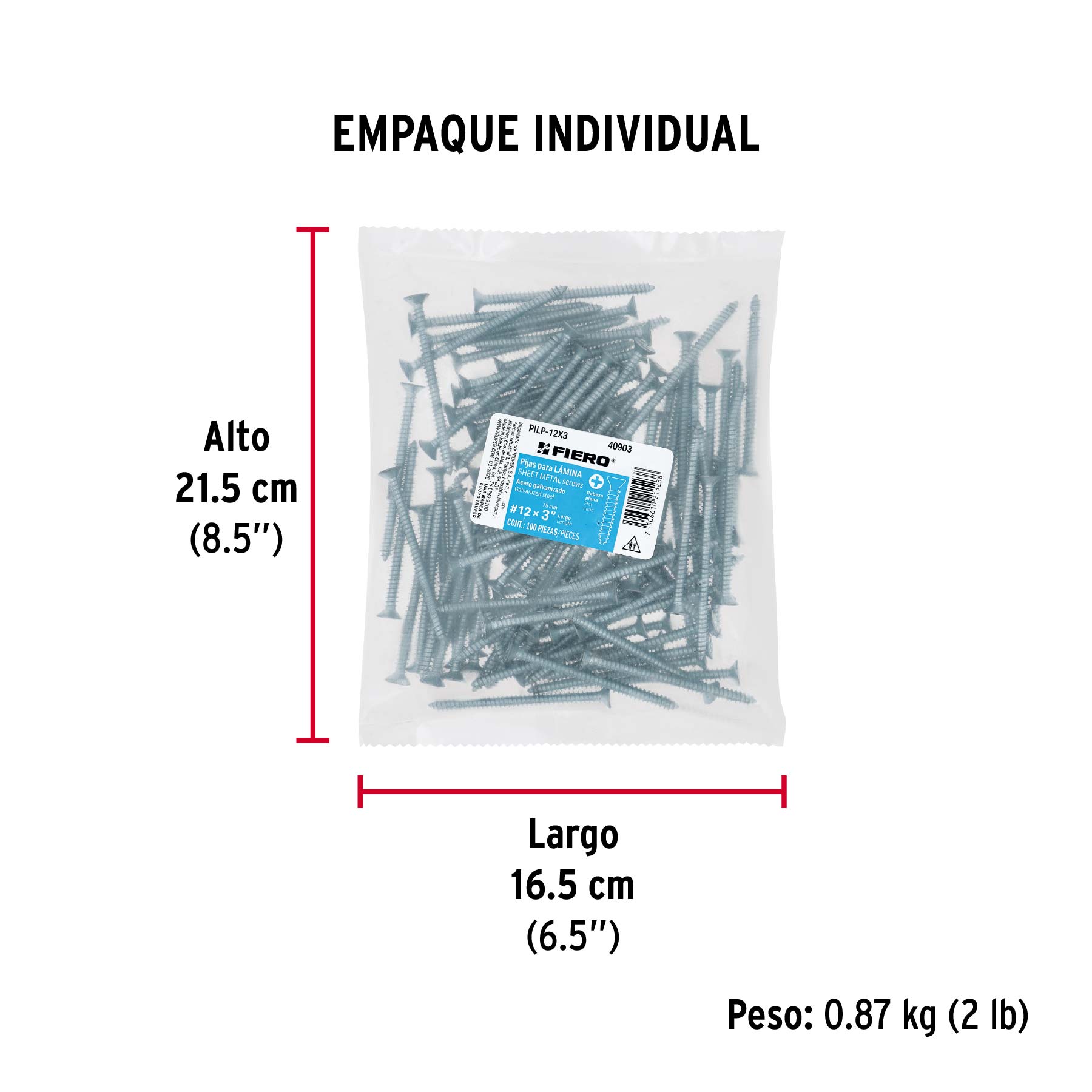 Bolsa 100 pijas para lámina cabeza plana #12 x 3", FIERO - Empaque