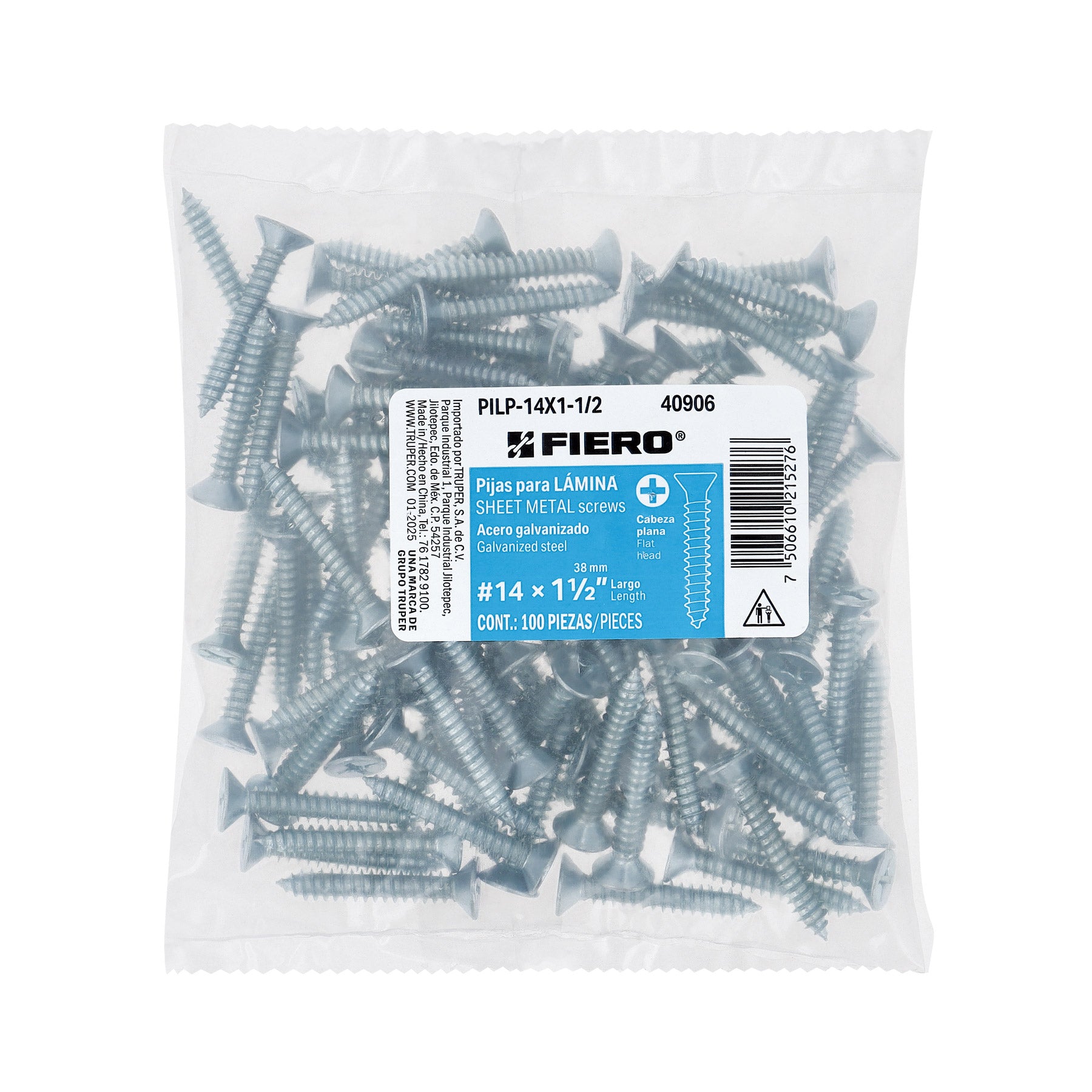 Bolsa 100 pijas para lámina cabeza plana #14 x 1-1/2", FIERO