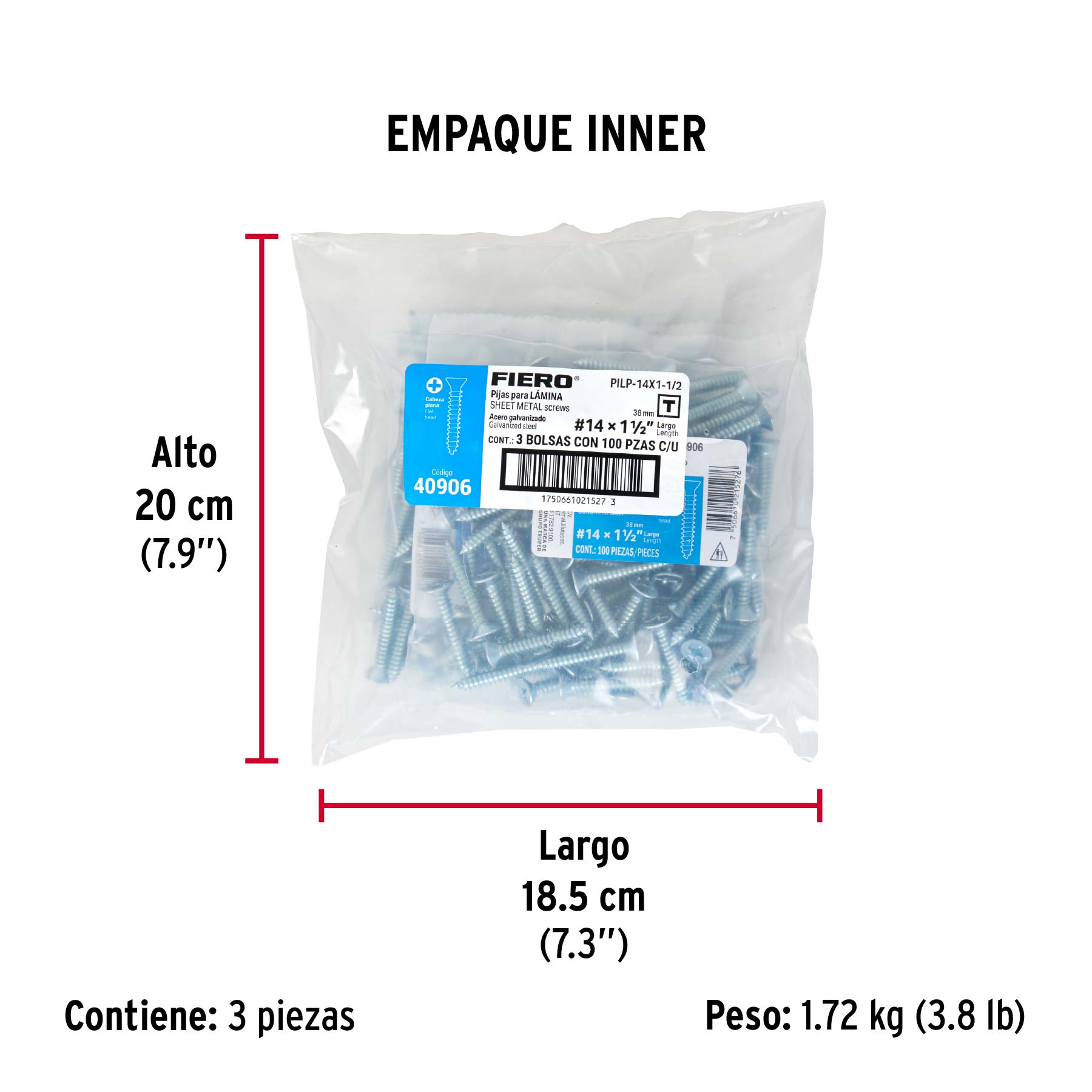 Bolsa 100 pijas para lámina cabeza plana #14 x 1-1/2", FIERO - Empaque