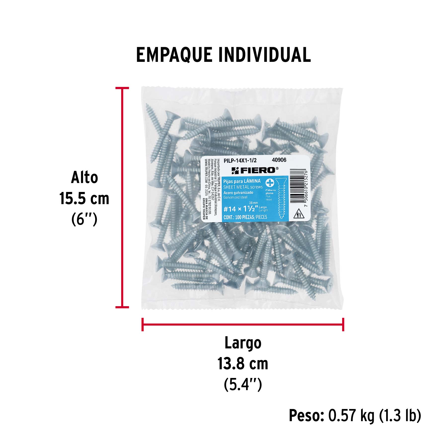 Bolsa 100 pijas para lámina cabeza plana #14 x 1-1/2", FIERO - Empaque