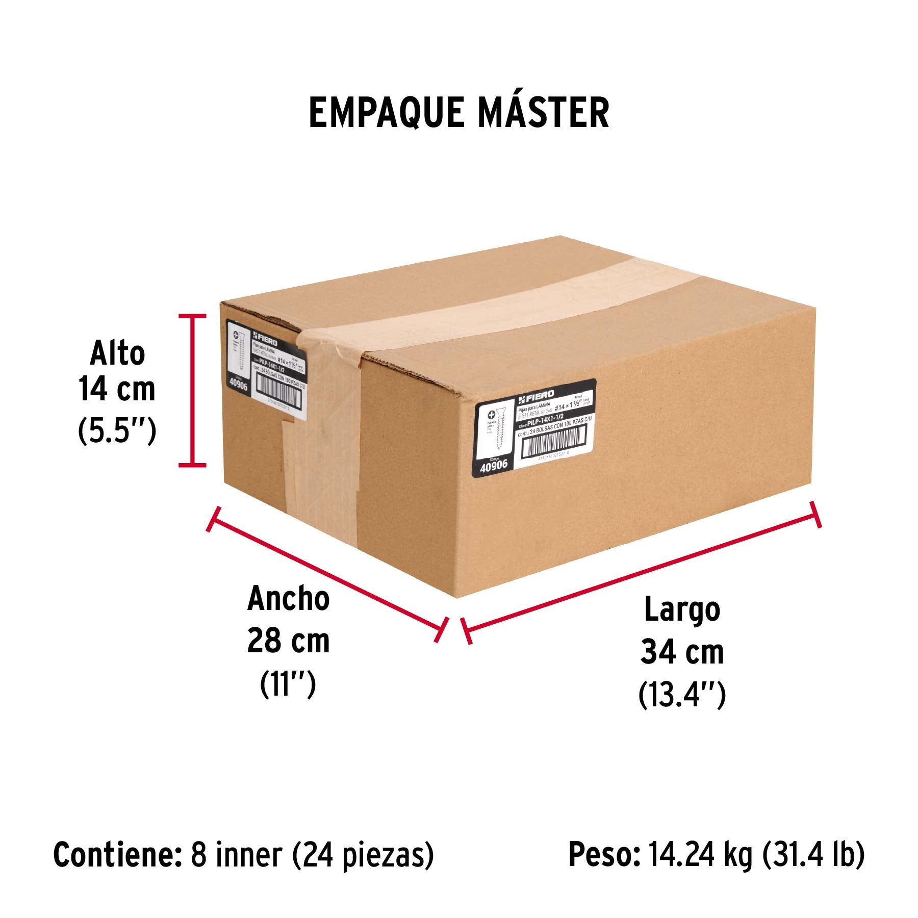 Bolsa 100 pijas para lámina cabeza plana #14 x 1-1/2", FIERO - Empaque