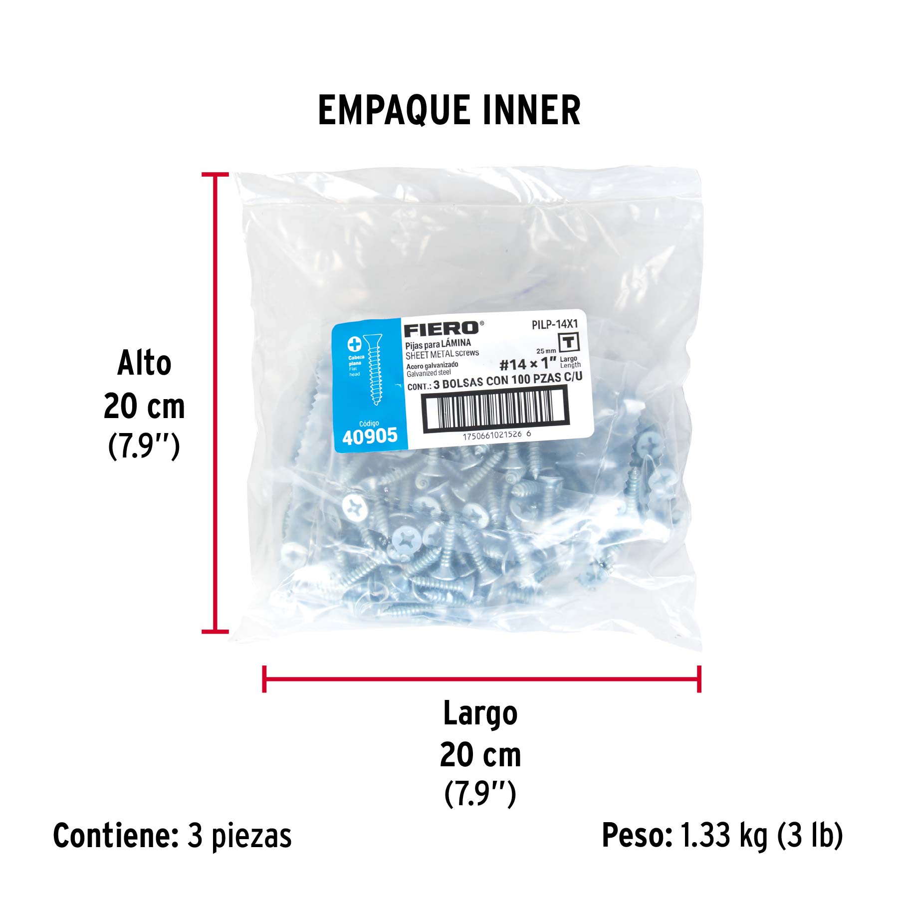 Bolsa 100 pijas para lámina cabeza plana #14 x 1", FIERO - Empaque