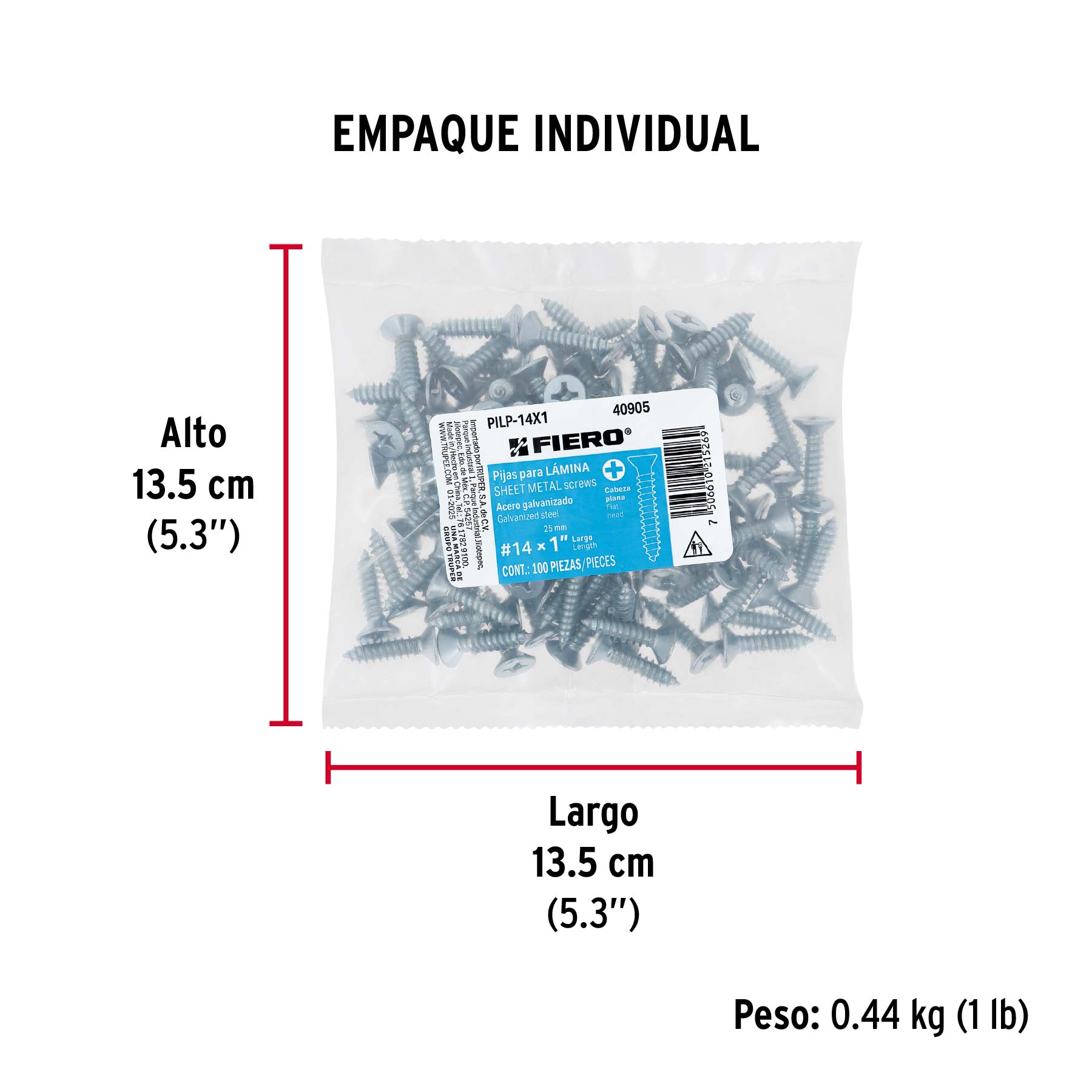 Bolsa 100 pijas para lámina cabeza plana #14 x 1", FIERO - Empaque