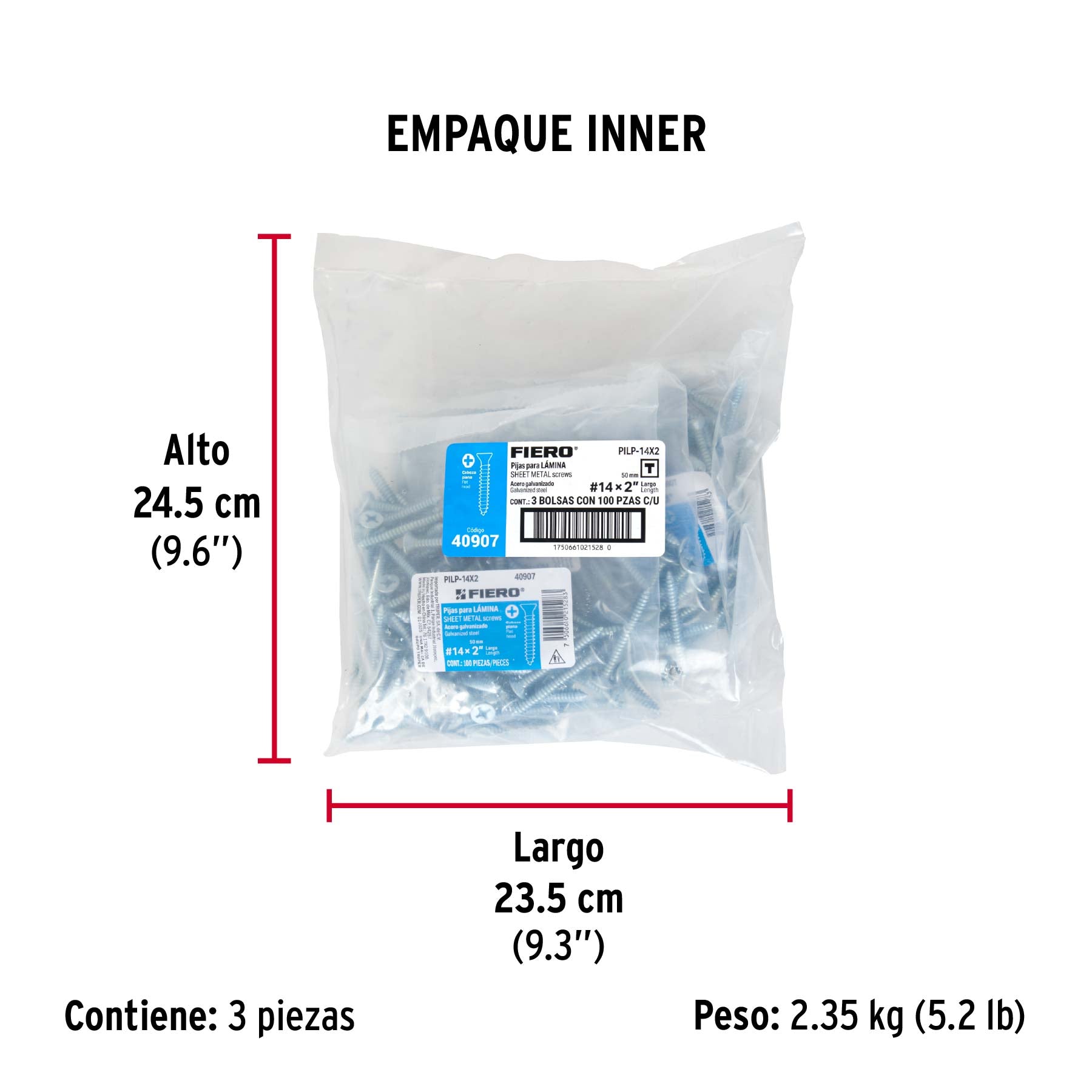 Bolsa 100 pijas para lámina cabeza plana #14 x 2", FIERO - Empaque