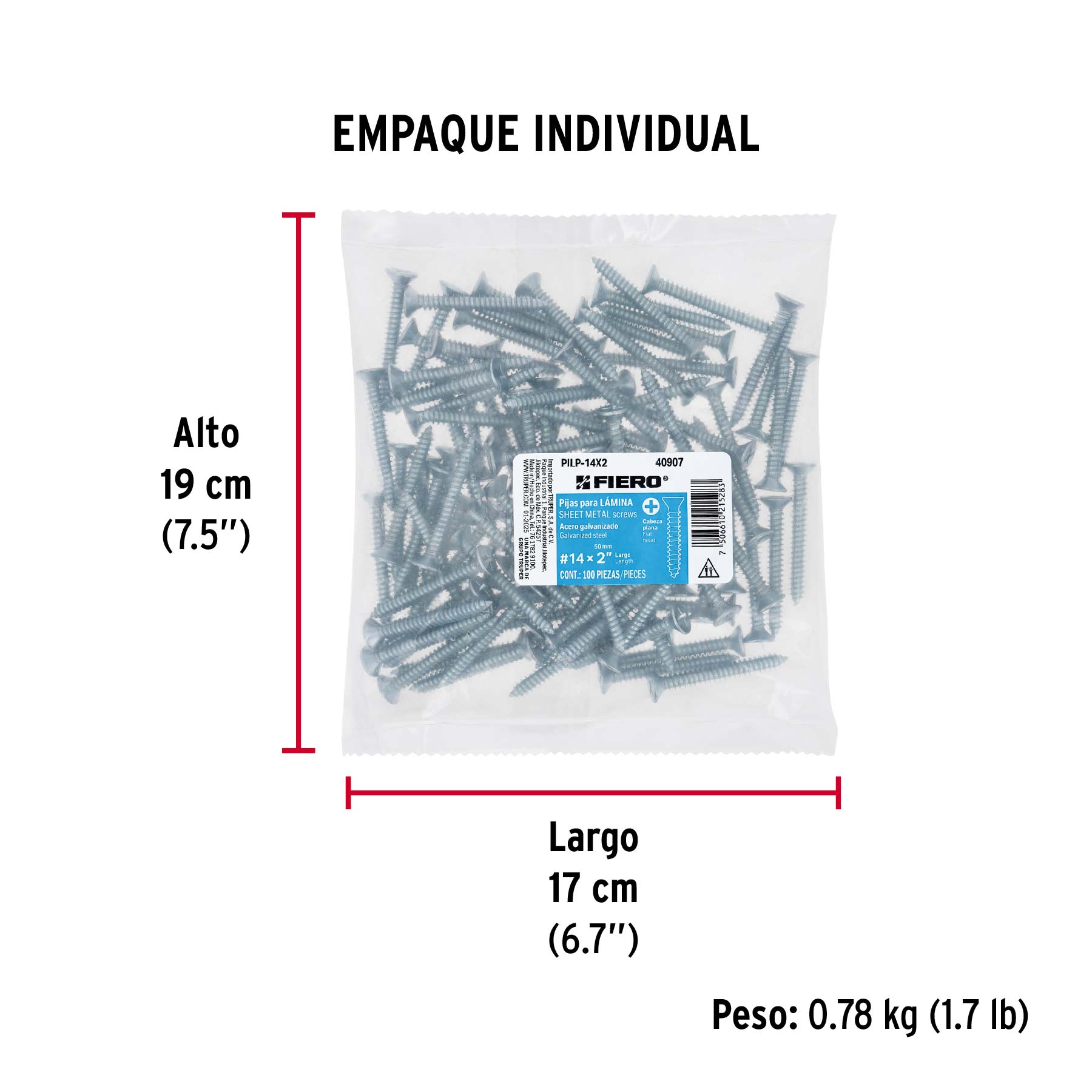 Bolsa 100 pijas para lámina cabeza plana #14 x 2", FIERO - Empaque
