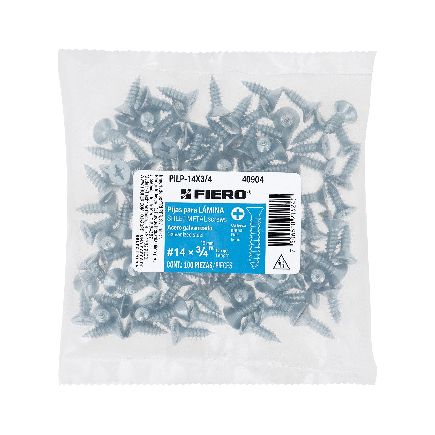 Bolsa 100 pijas para lámina cabeza plana #14 x 3/4", FIERO