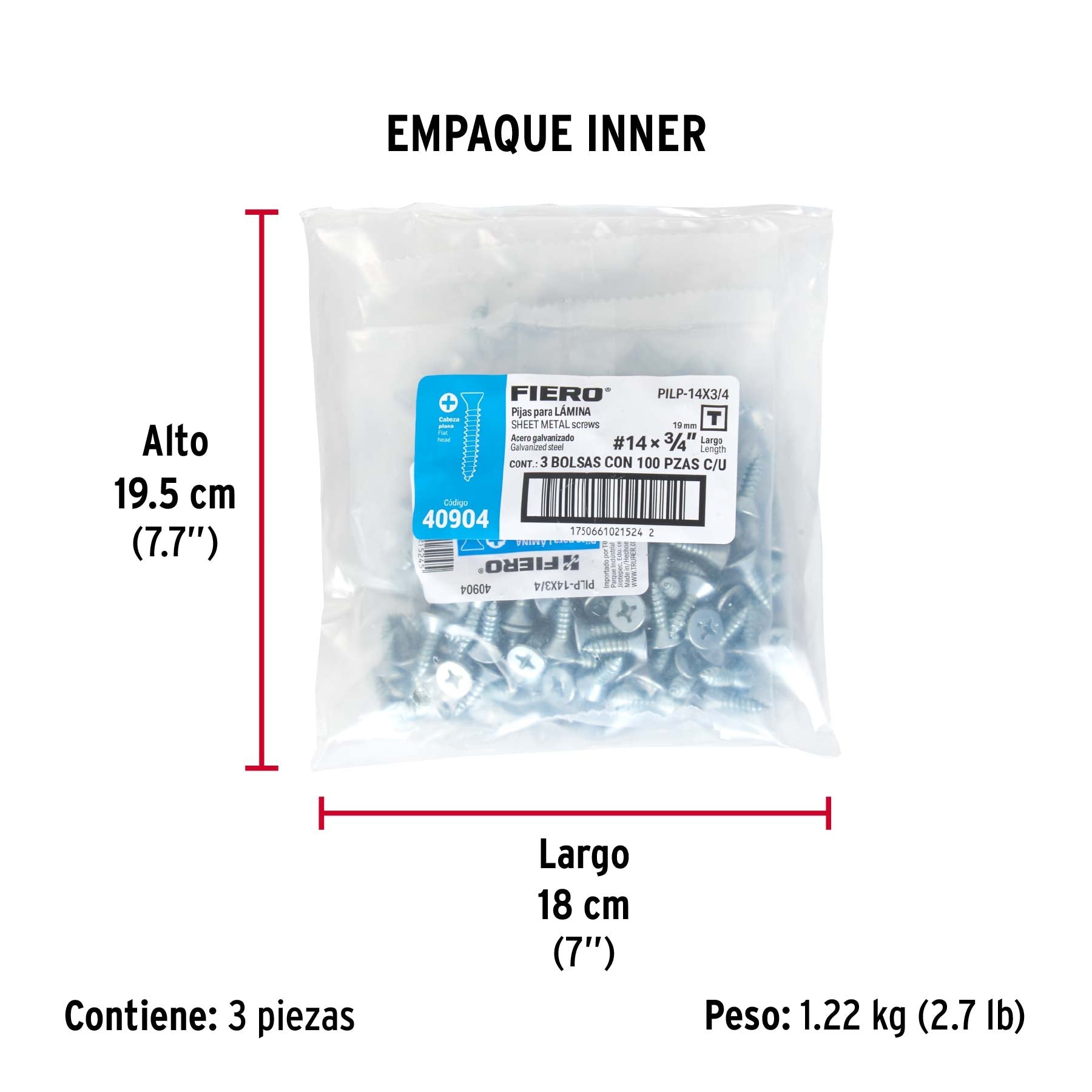 Bolsa 100 pijas para lámina cabeza plana #14 x 3/4", FIERO - Empaque