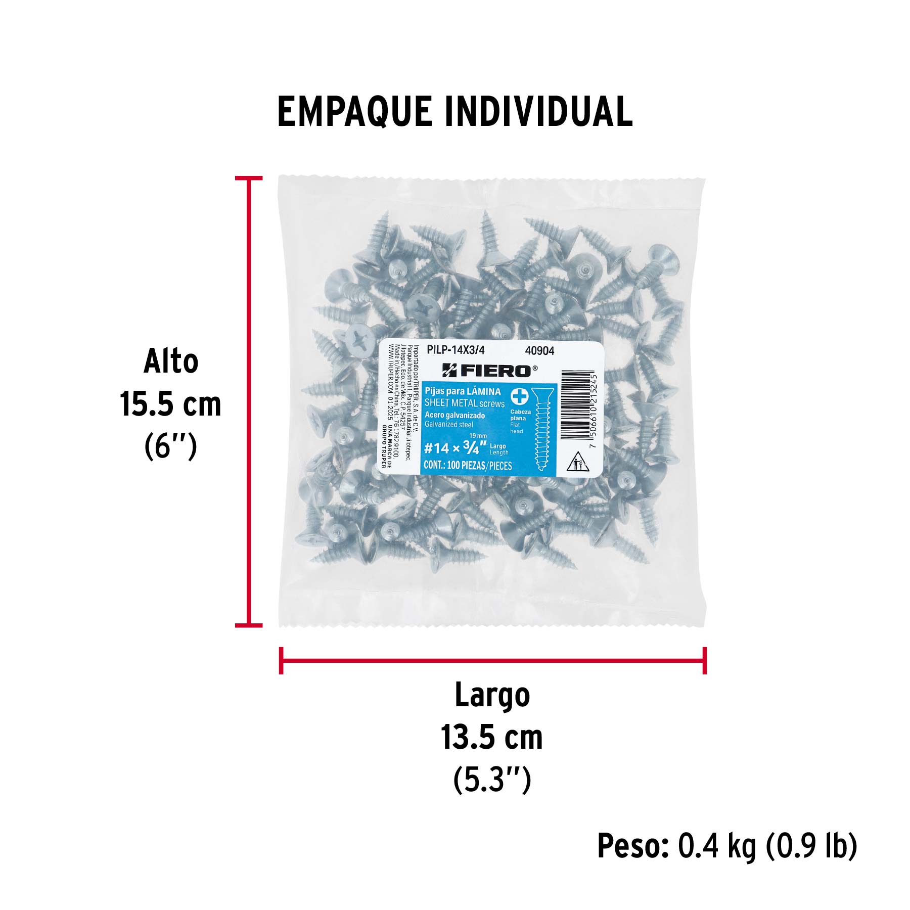 Bolsa 100 pijas para lámina cabeza plana #14 x 3/4", FIERO - Empaque