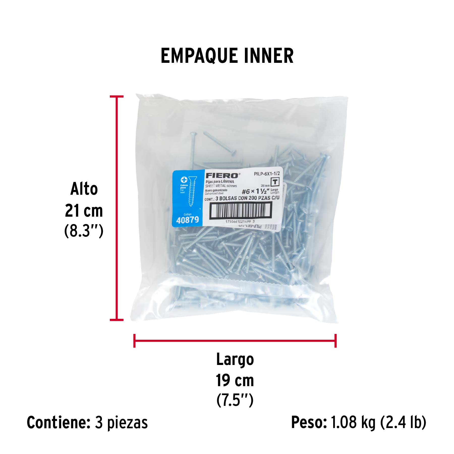 Bolsa 200 pijas para lámina cabeza plana #6 x 1-1/2", FIERO - Empaque