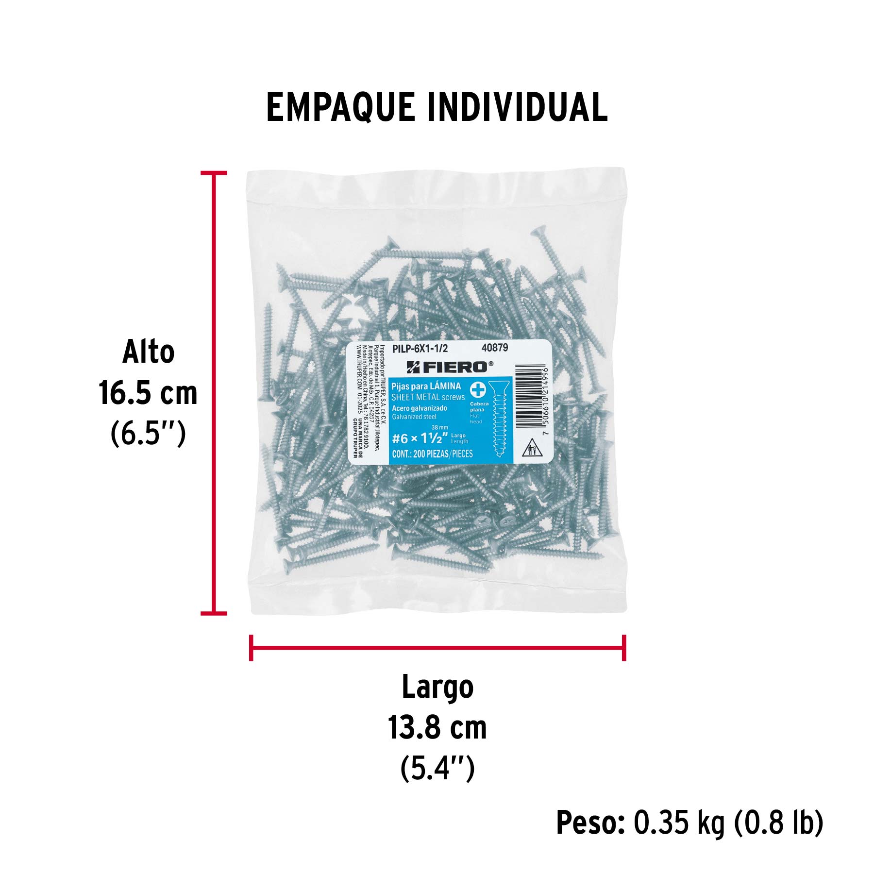 Bolsa 200 pijas para lámina cabeza plana #6 x 1-1/2", FIERO - Empaque