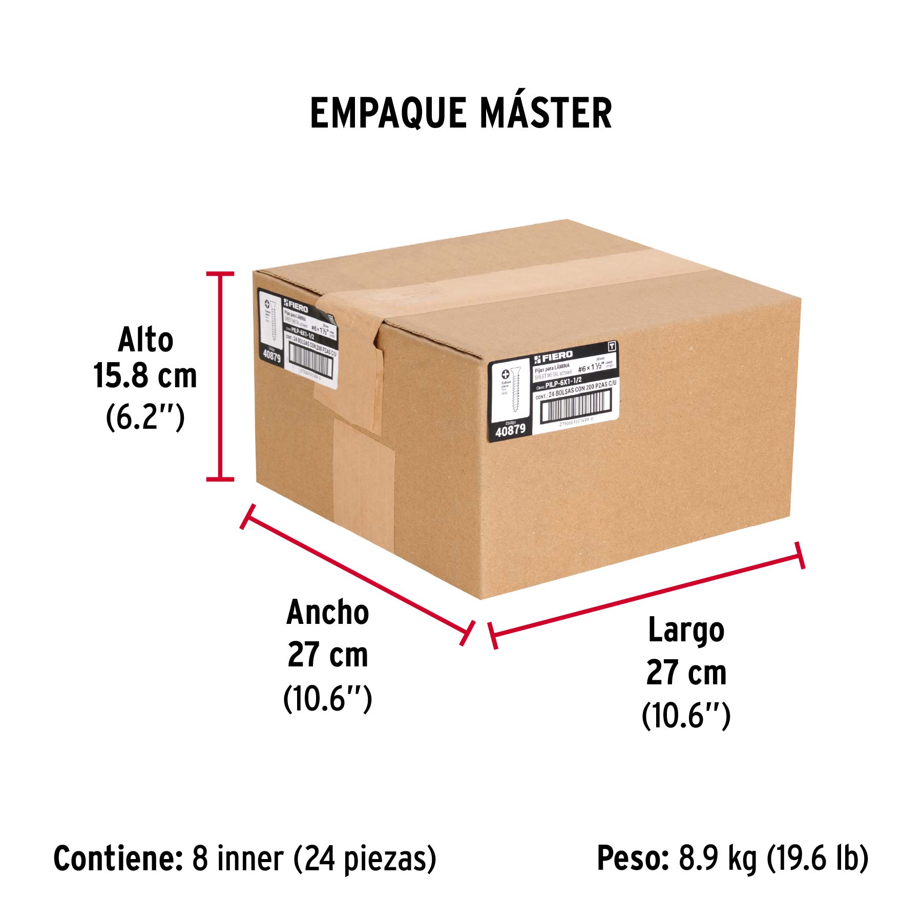 Bolsa 200 pijas para lámina cabeza plana #6 x 1-1/2", FIERO - Empaque