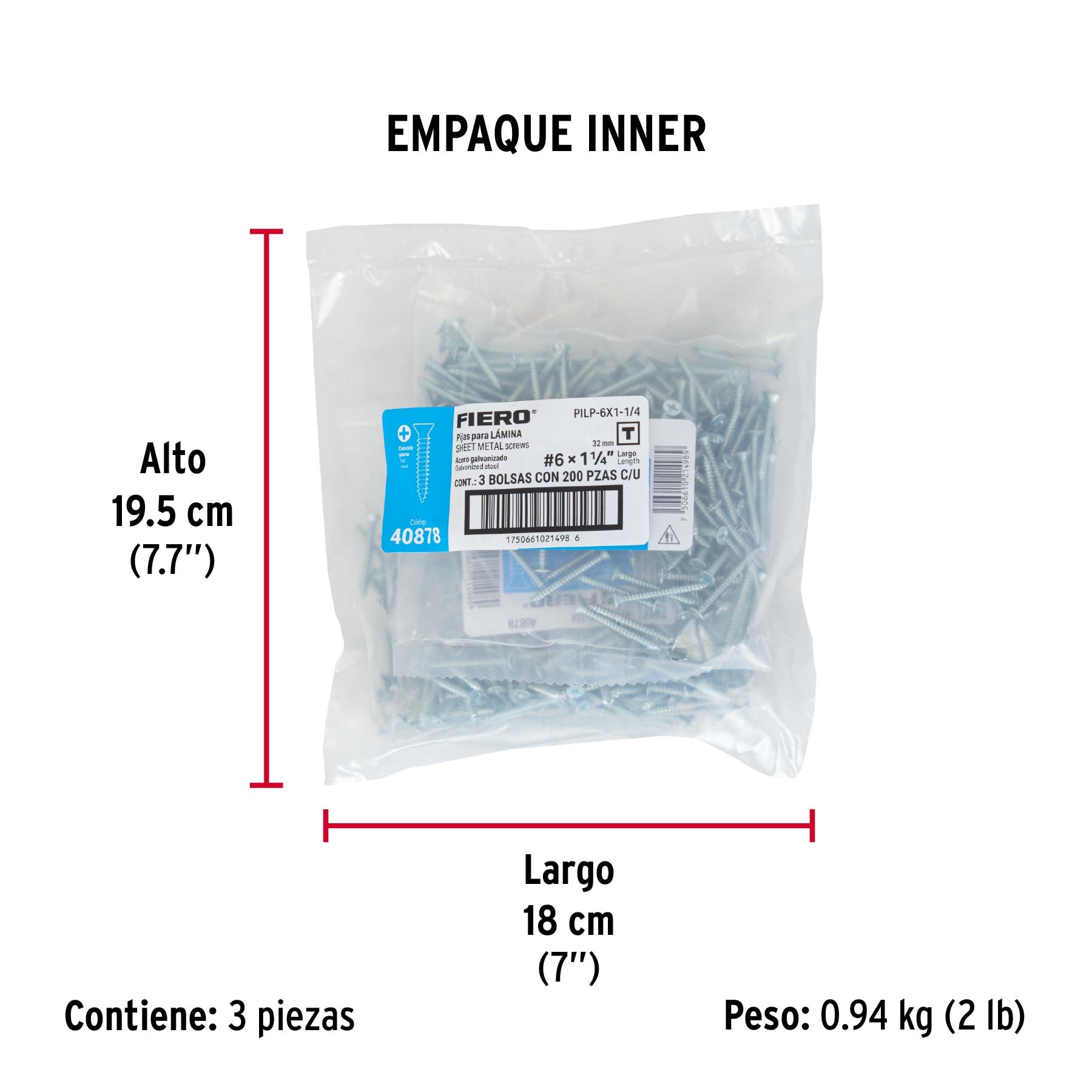 Bolsa 200 pijas para lámina cabeza plana #6 x 1-1/4", FIERO - Empaque