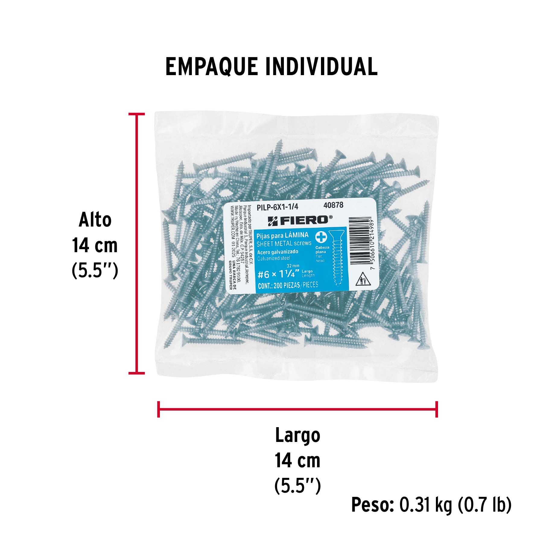 Bolsa 200 pijas para lámina cabeza plana #6 x 1-1/4", FIERO - Empaque
