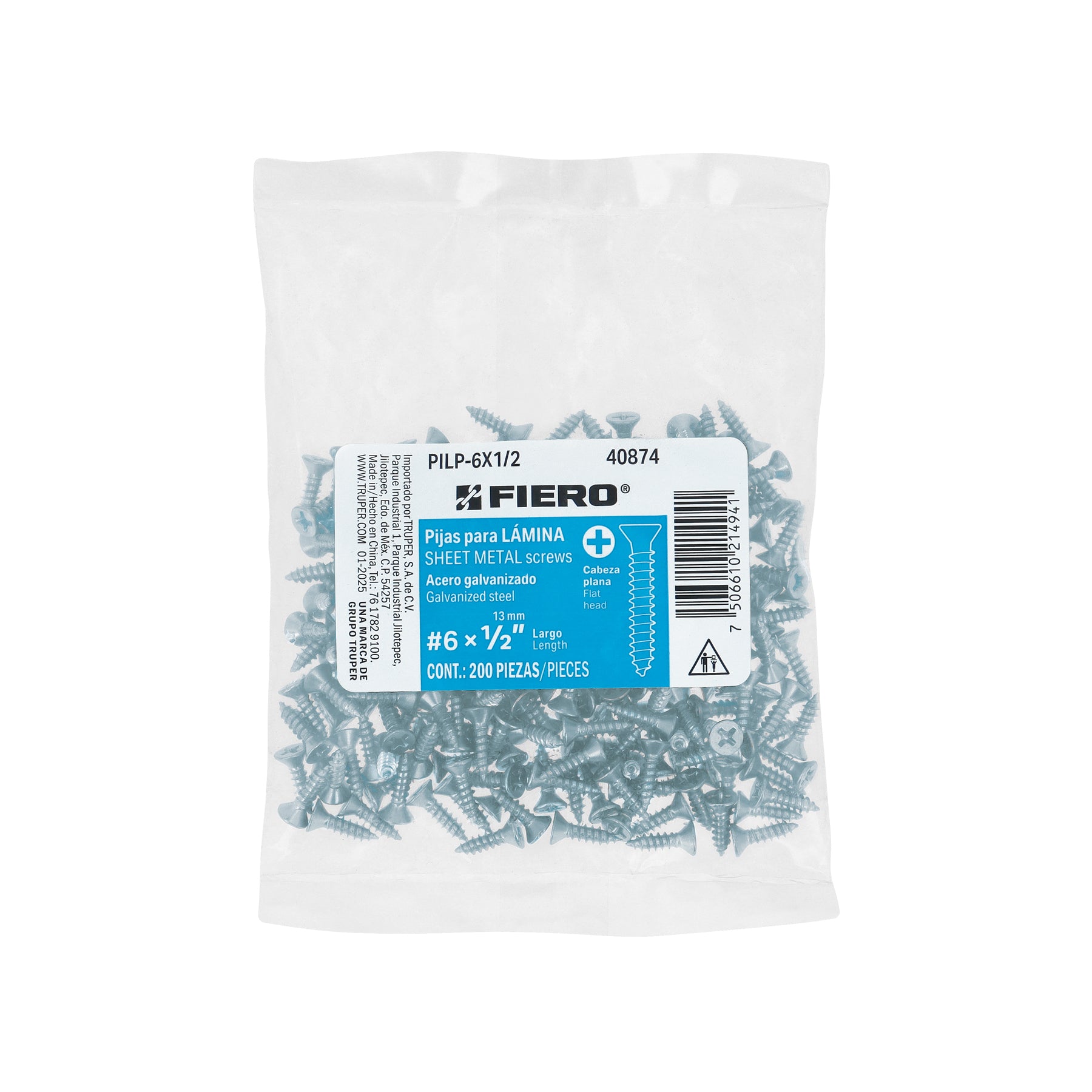 Bolsa 200 pijas para lámina cabeza plana #6 x 1/2", FIERO
