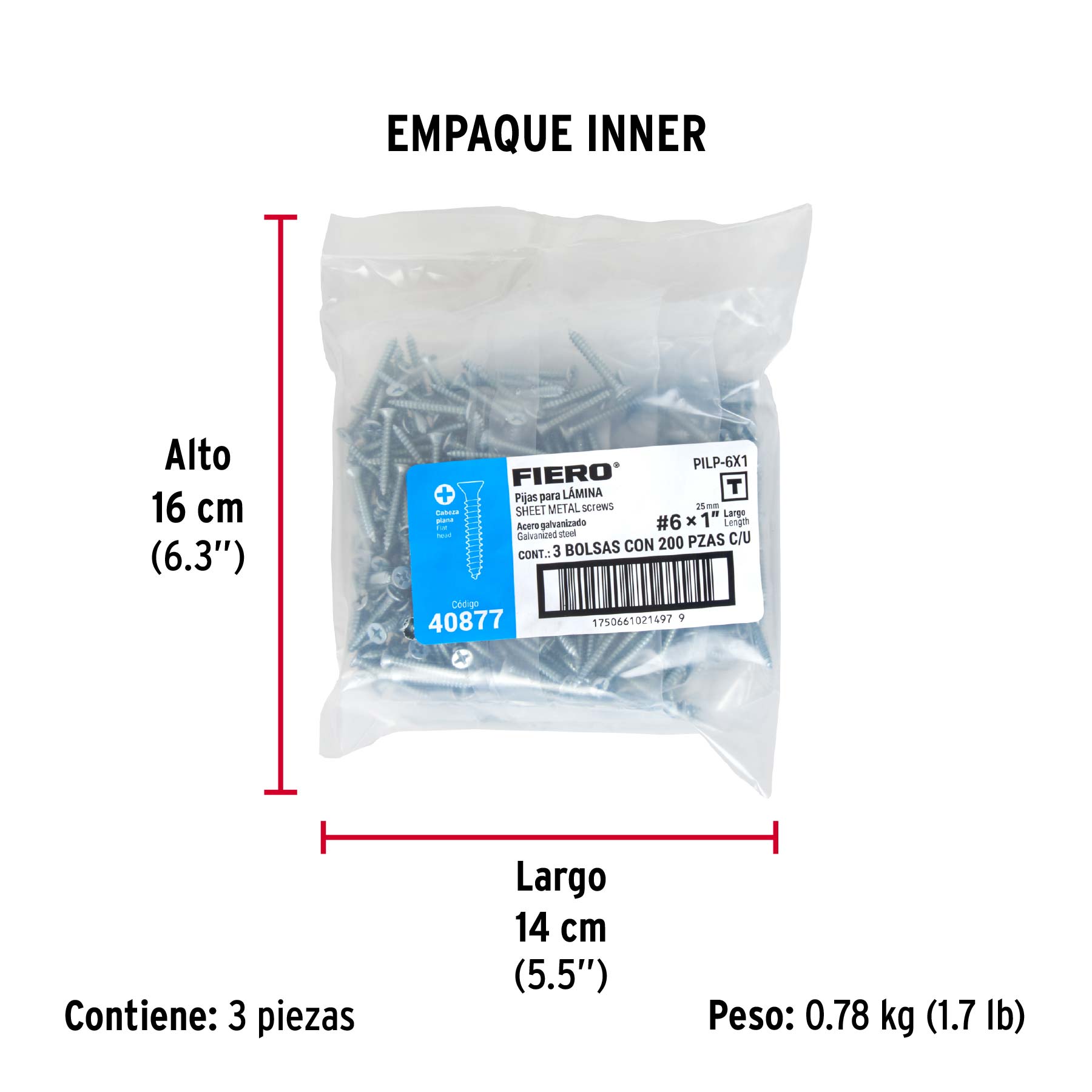 Bolsa 200 pijas para lámina cabeza plana #6 x 1", FIERO - Empaque