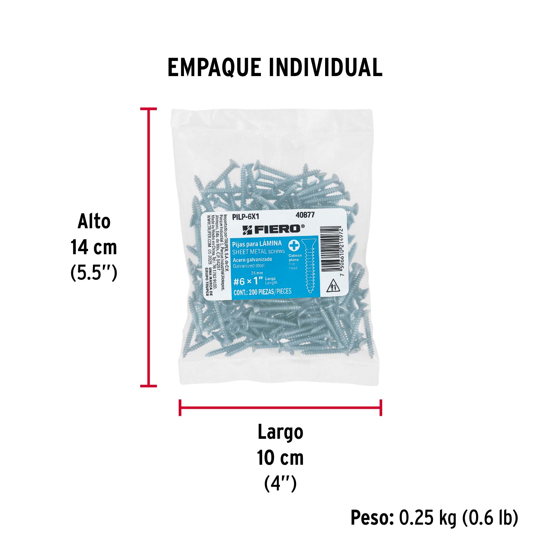 Bolsa 200 pijas para lámina cabeza plana #6 x 1", FIERO - Empaque