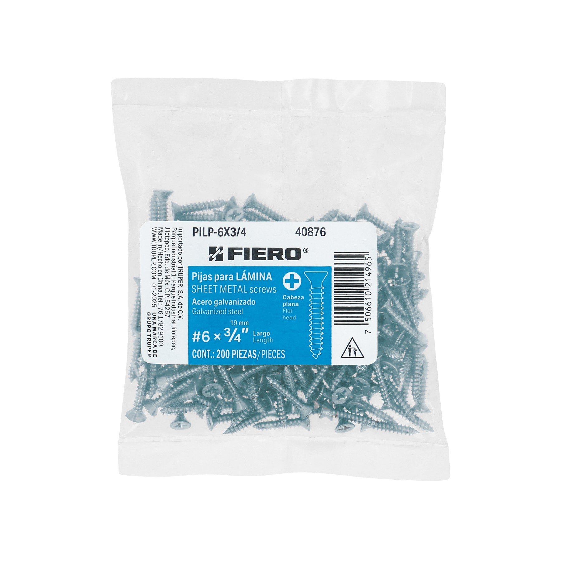 Bolsa 200 pijas para lámina cabeza plana #6 x 3/4", FIERO