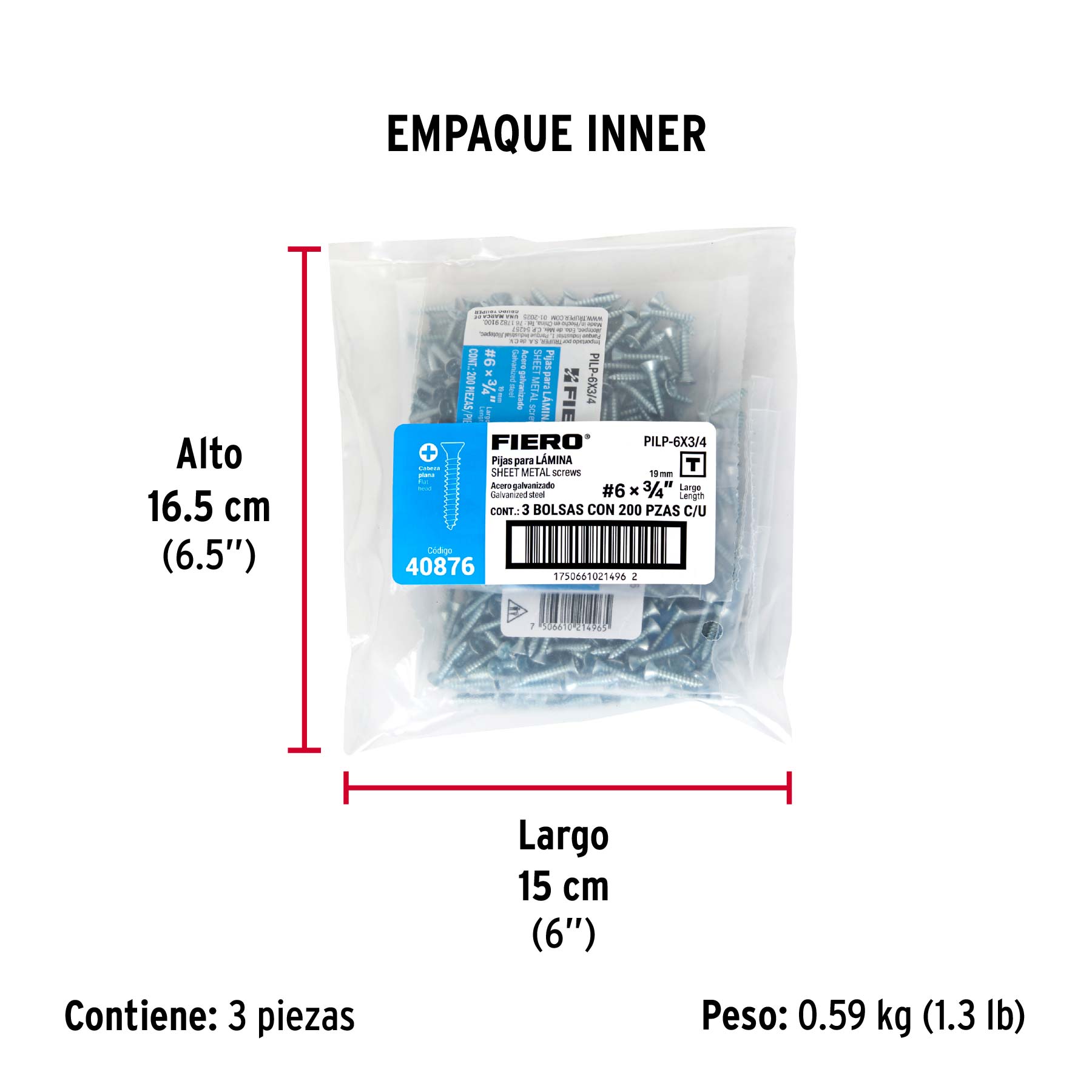 Bolsa 200 pijas para lámina cabeza plana #6 x 3/4", FIERO - Empaque