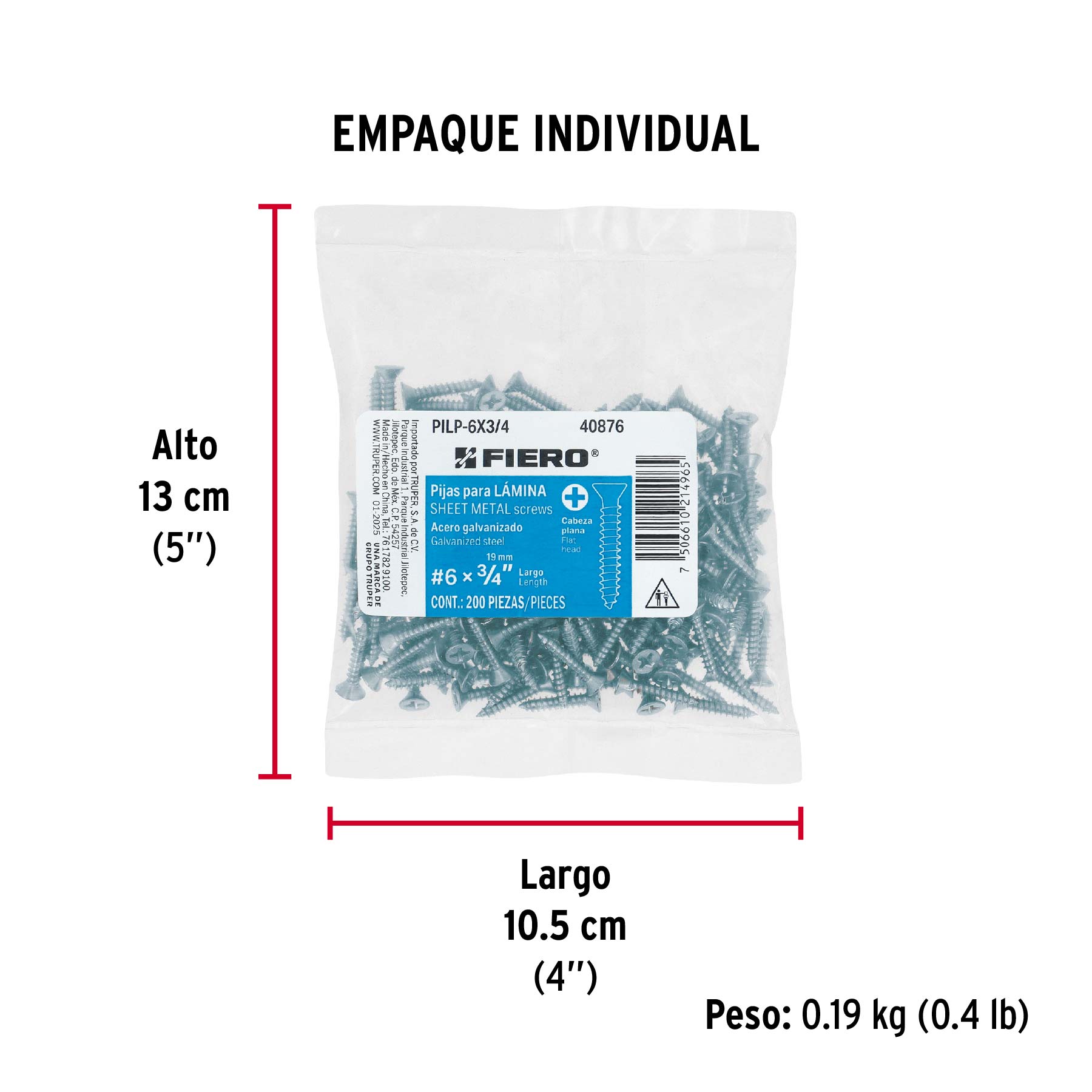 Bolsa 200 pijas para lámina cabeza plana #6 x 3/4", FIERO - Empaque