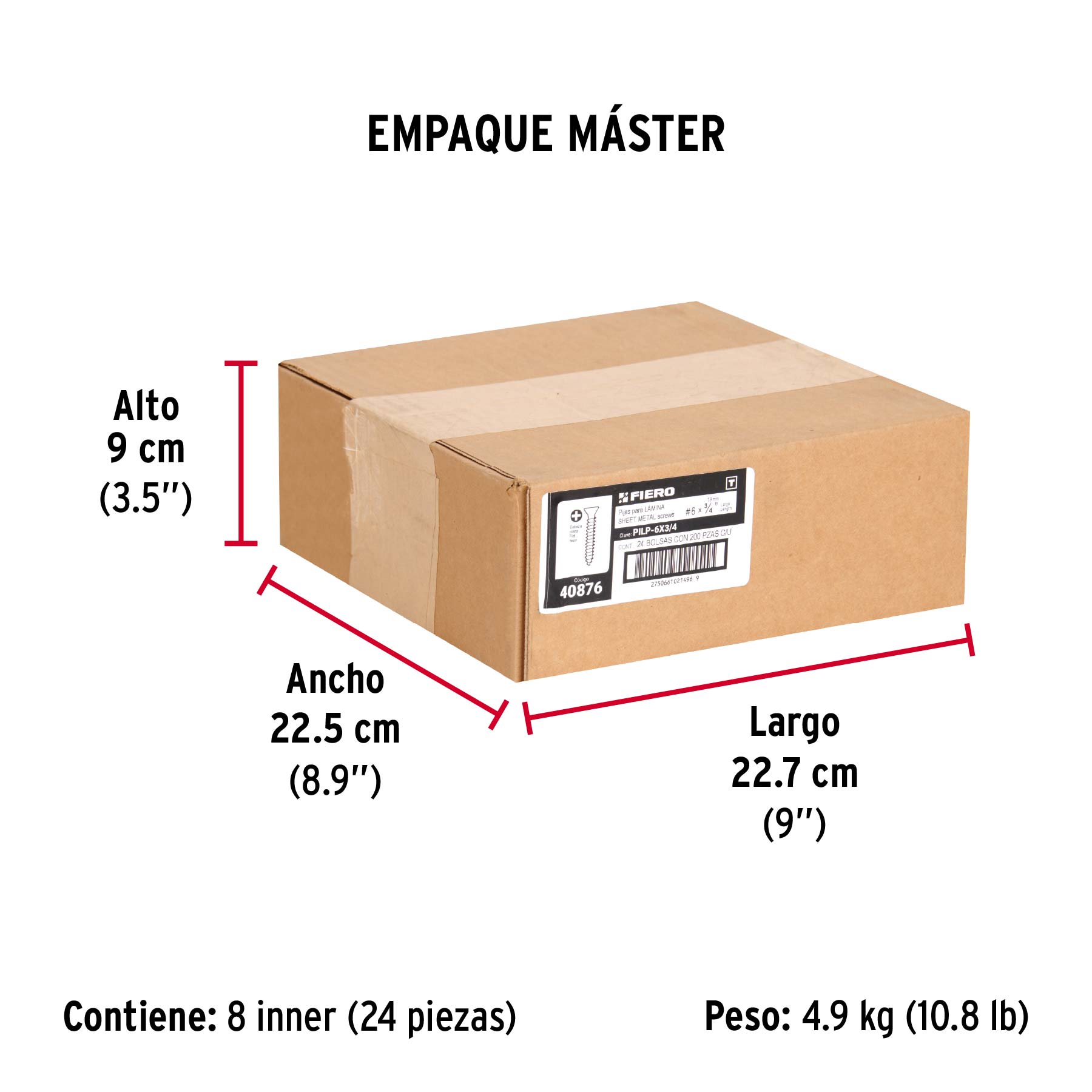 Bolsa 200 pijas para lámina cabeza plana #6 x 3/4", FIERO - Empaque