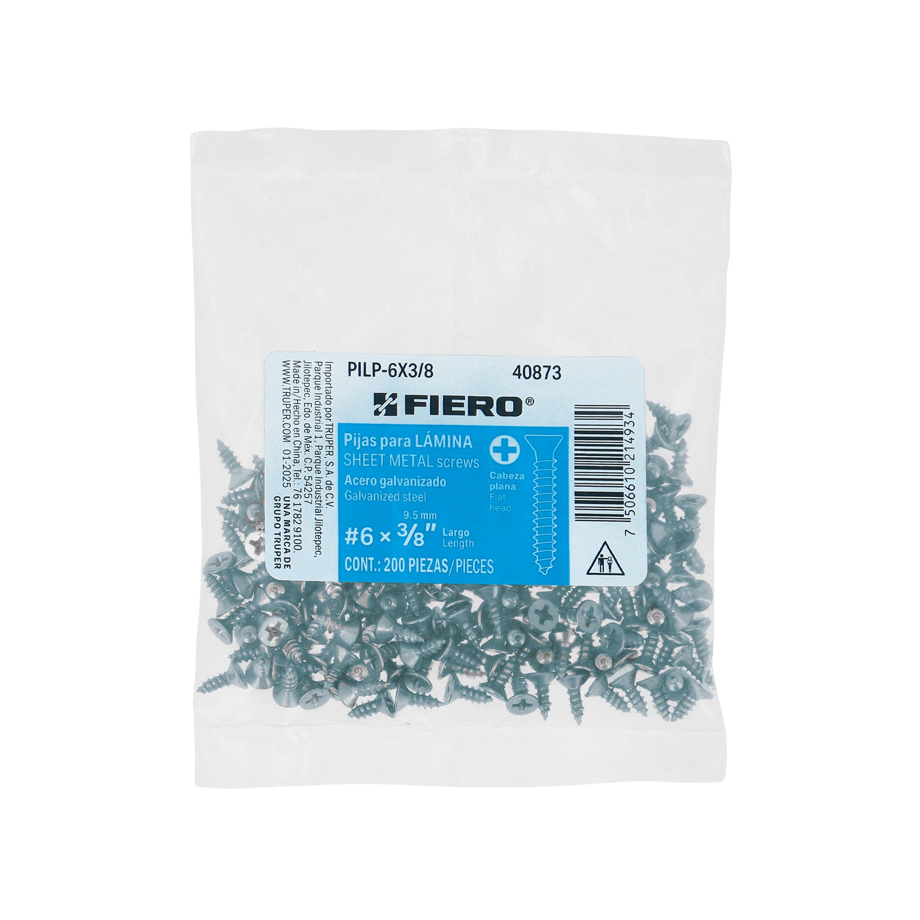 Bolsa 200 pijas para lámina cabeza plana #6 x 3/8", FIERO
