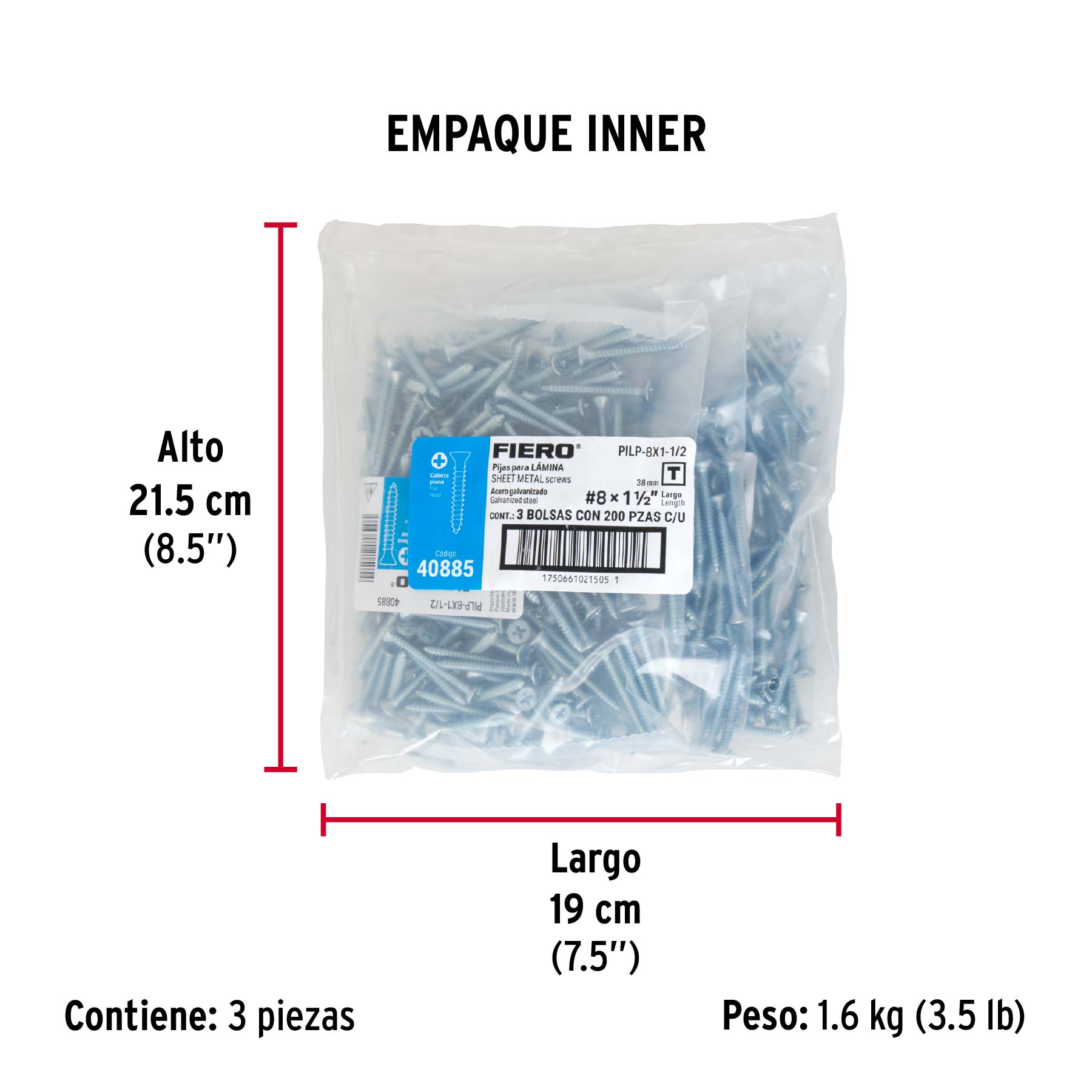 Bolsa 200 pijas para lámina cabeza plana #8 x 1-1/2", FIERO - Empaque