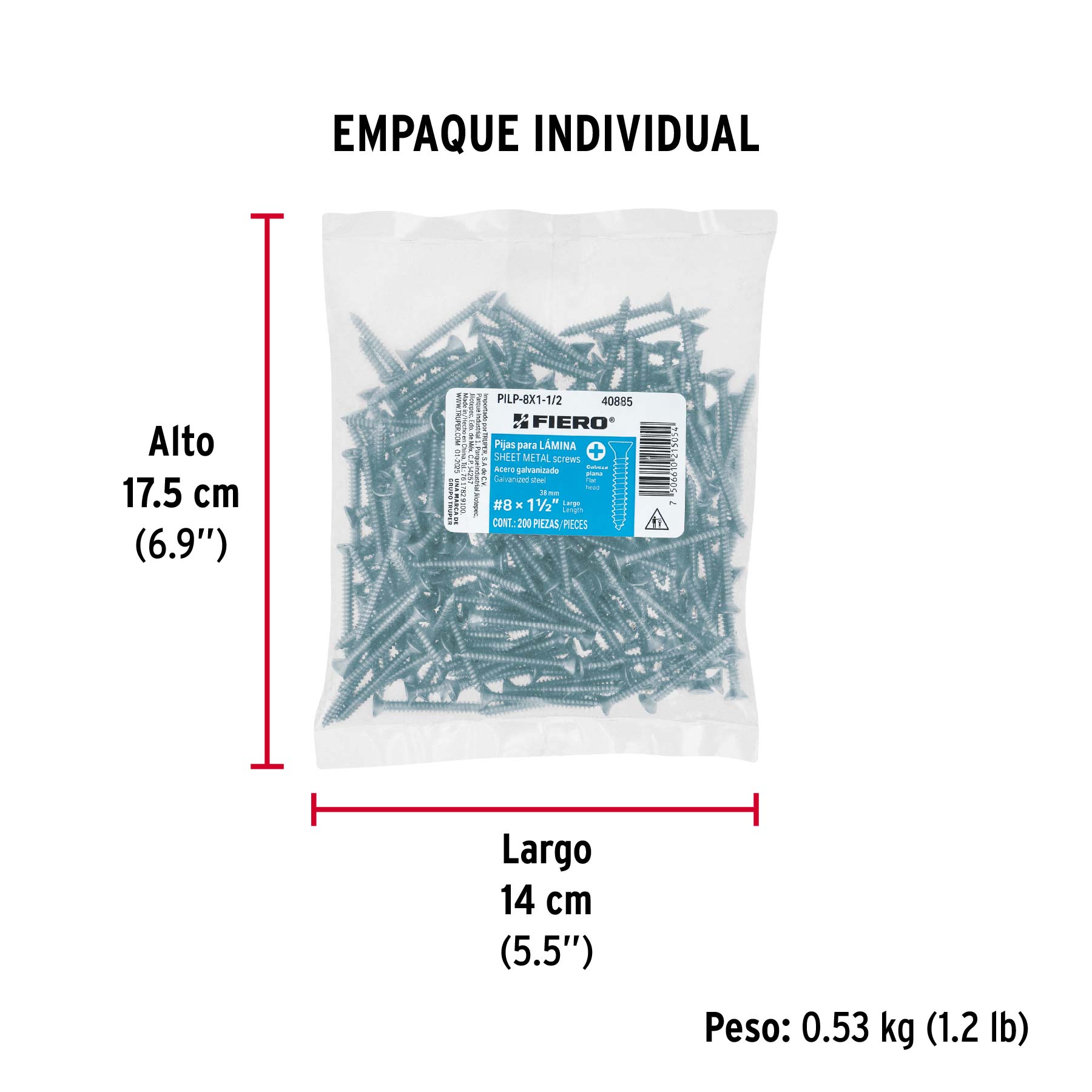 Bolsa 200 pijas para lámina cabeza plana #8 x 1-1/2", FIERO - Empaque
