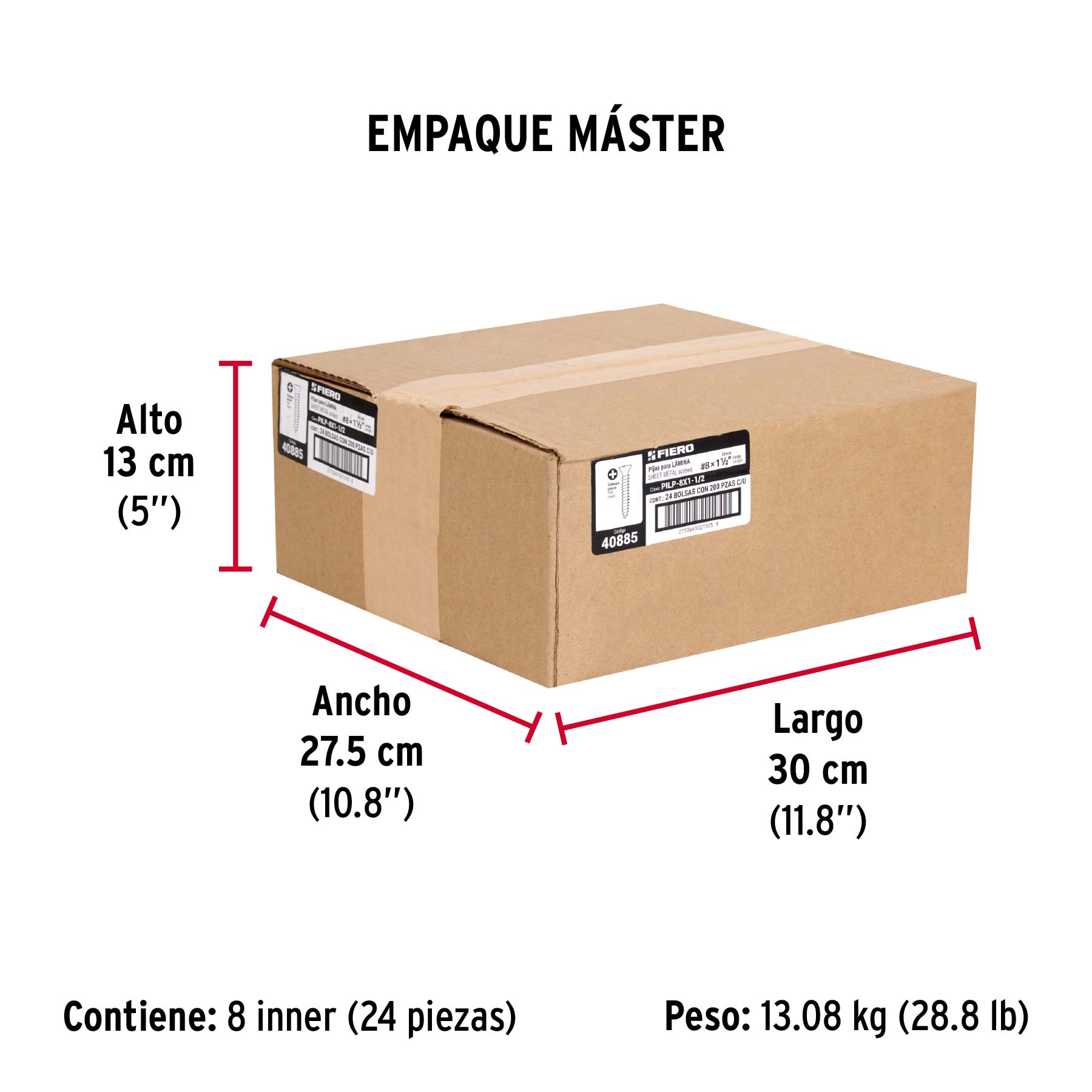 Bolsa 200 pijas para lámina cabeza plana #8 x 1-1/2", FIERO - Empaque
