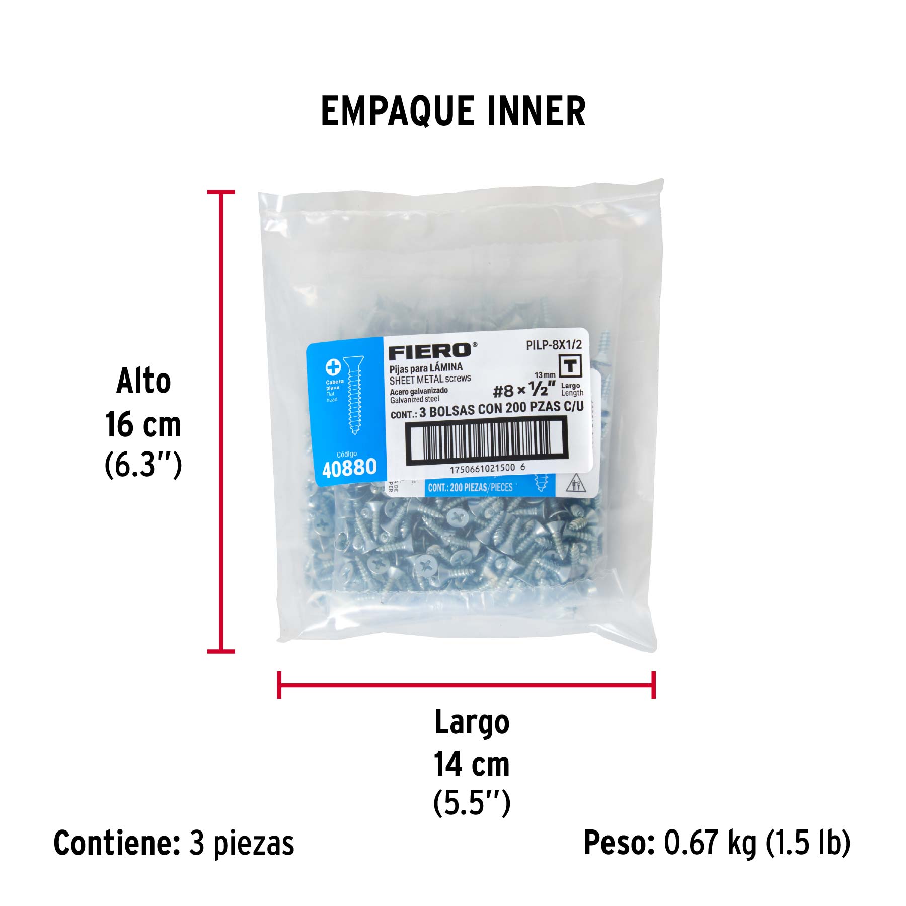 Bolsa 200 pijas para lámina cabeza plana #8 x 1/2", FIERO - Empaque