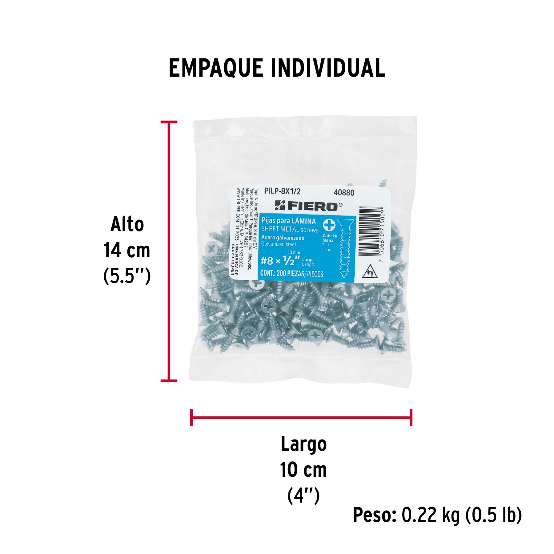 Bolsa 200 pijas para lámina cabeza plana #8 x 1/2", FIERO - Empaque