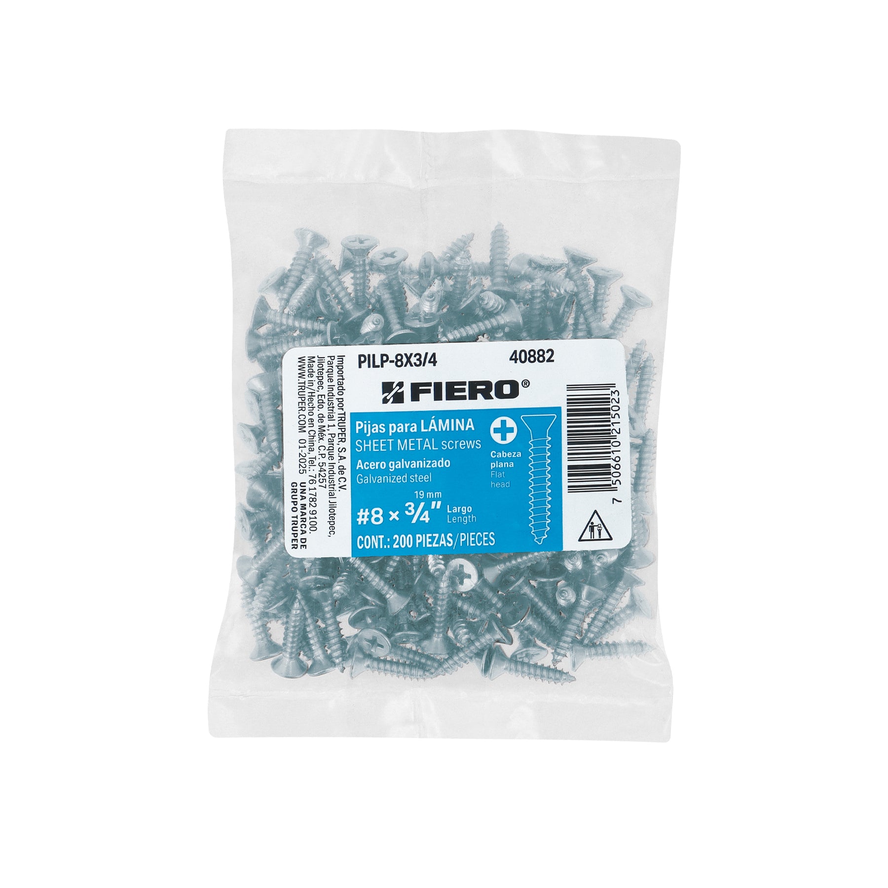 Bolsa 200 pijas para lámina cabeza plana #8 x 3/4", FIERO