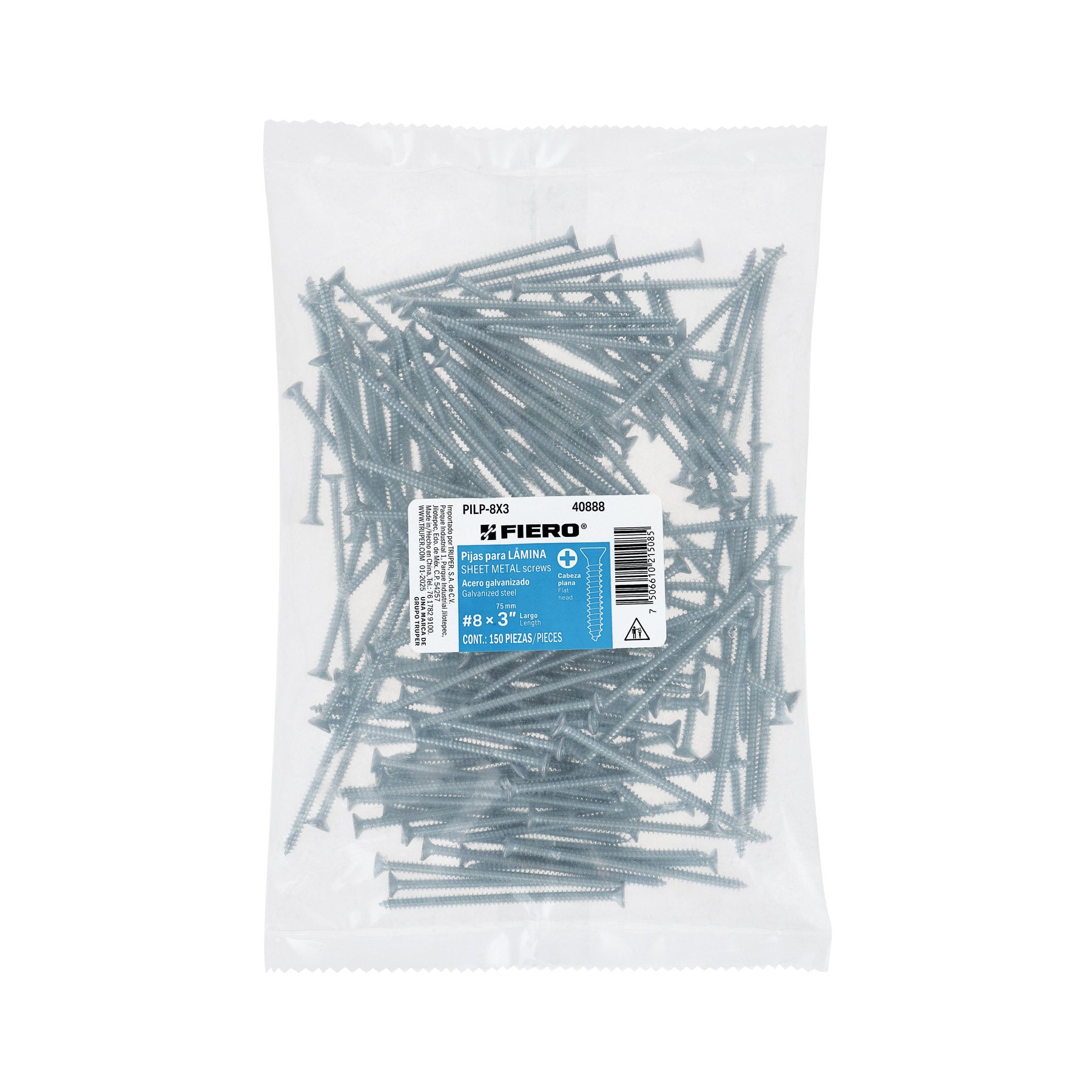 Bolsa 150 pijas para lámina cabeza plana #8 x 3", FIERO