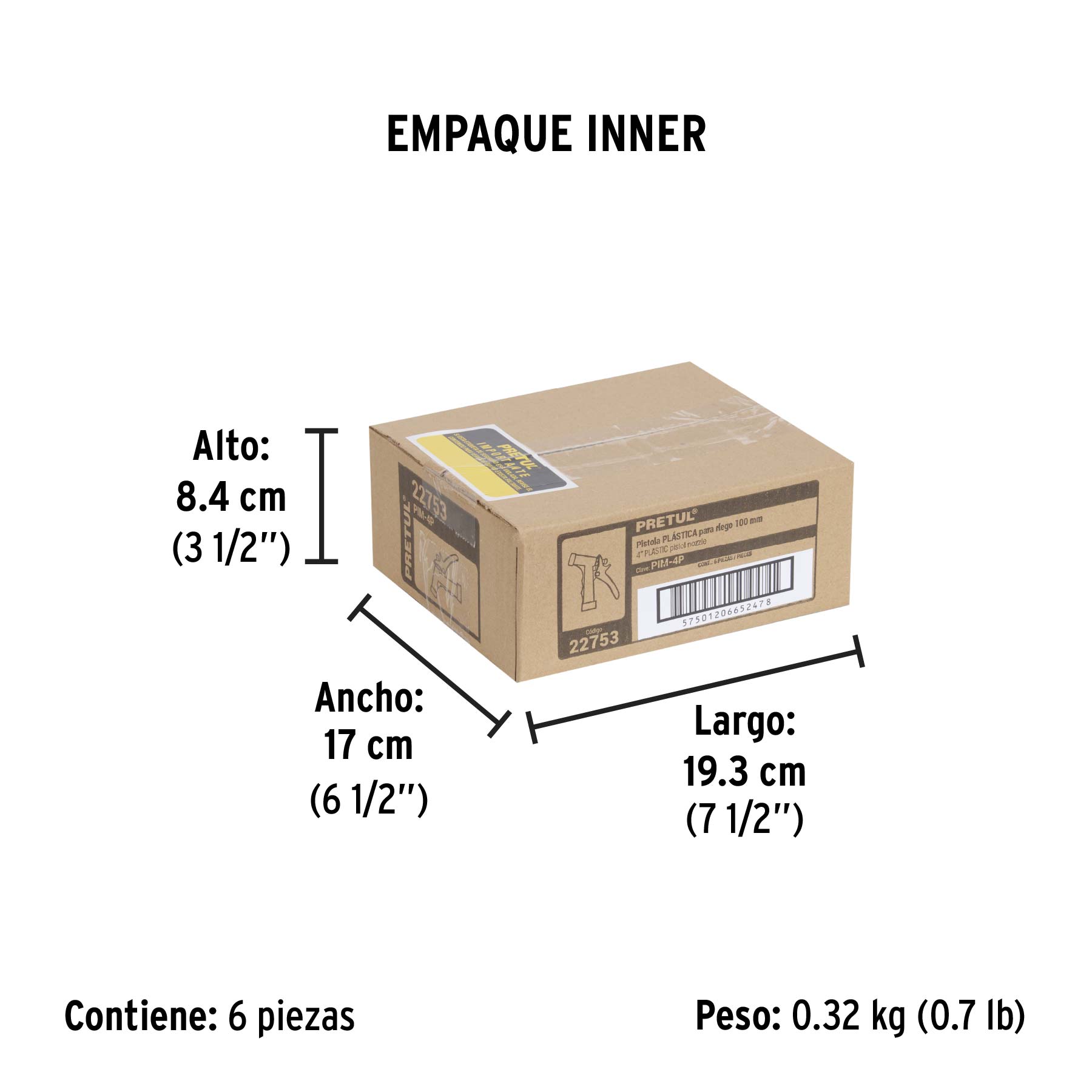 Pistola plástica para riego de 4", 2 funciones, PRETUL - Empaque